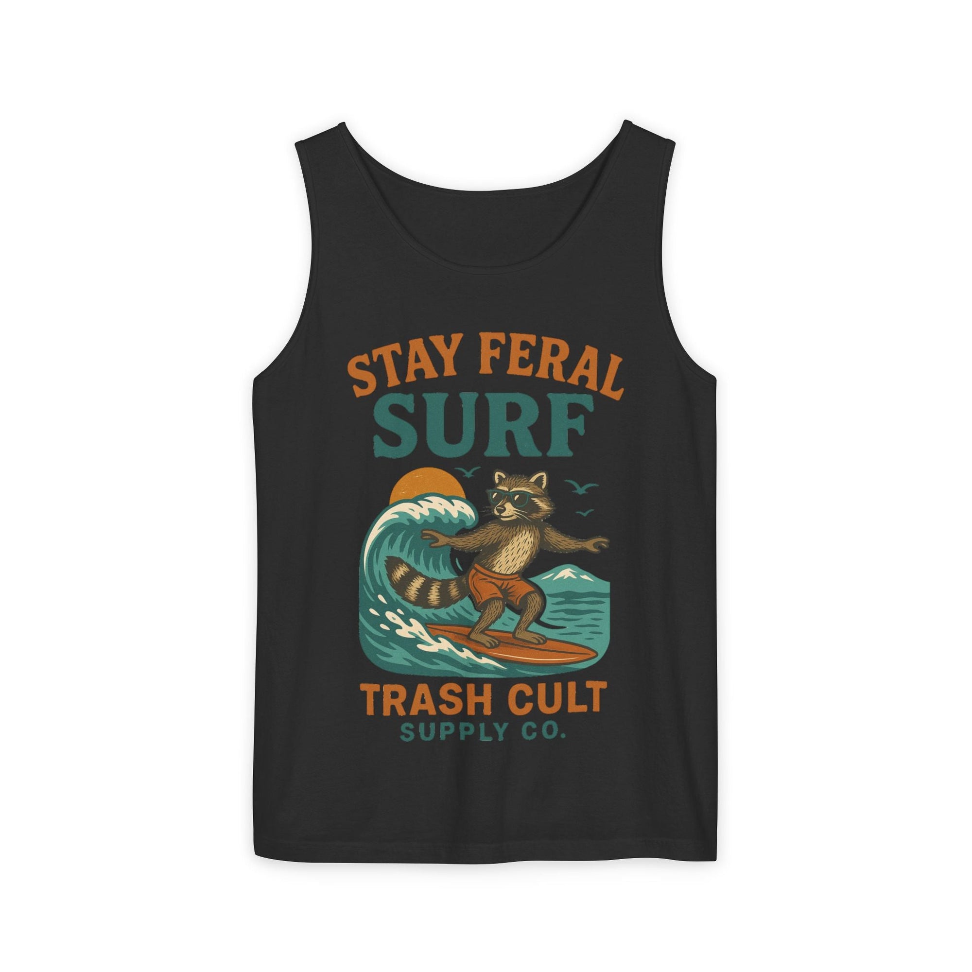 Stay Feral Surf Tank Top – Retro Raccoon Beach Tank – Trash Cult Supply Co – Comfort Colors 9360