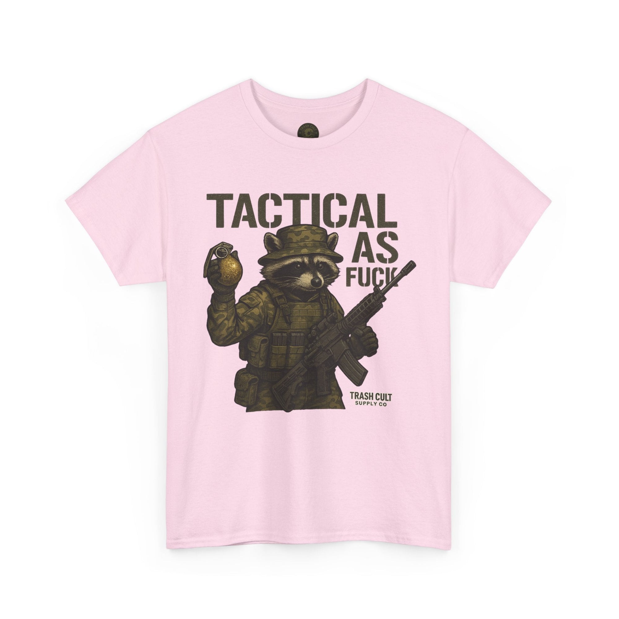 Tactical As F*** T-Shirt – Armed Raccoon Military Humor Tee | Trash Cult Supply Co. | Gildan 5000 Heavy Cotton