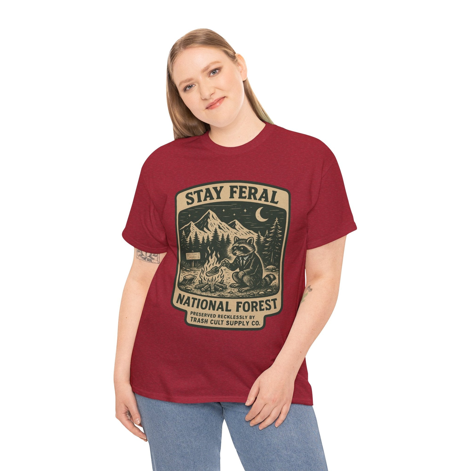Stay Feral National Forest Shirt – Vintage Raccoon Camping Tee – Trash Cult Supply Co – Gildan 5000