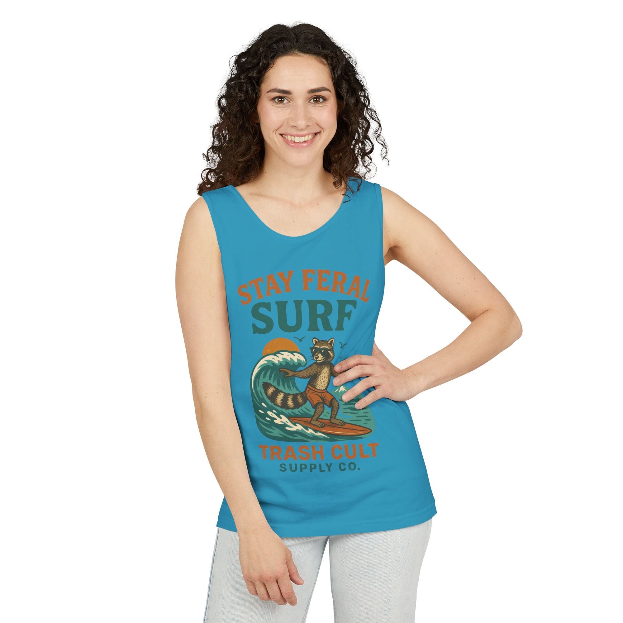Stay Feral Surf Tank Top – Retro Raccoon Beach Tank – Trash Cult Supply Co – Comfort Colors 9360
