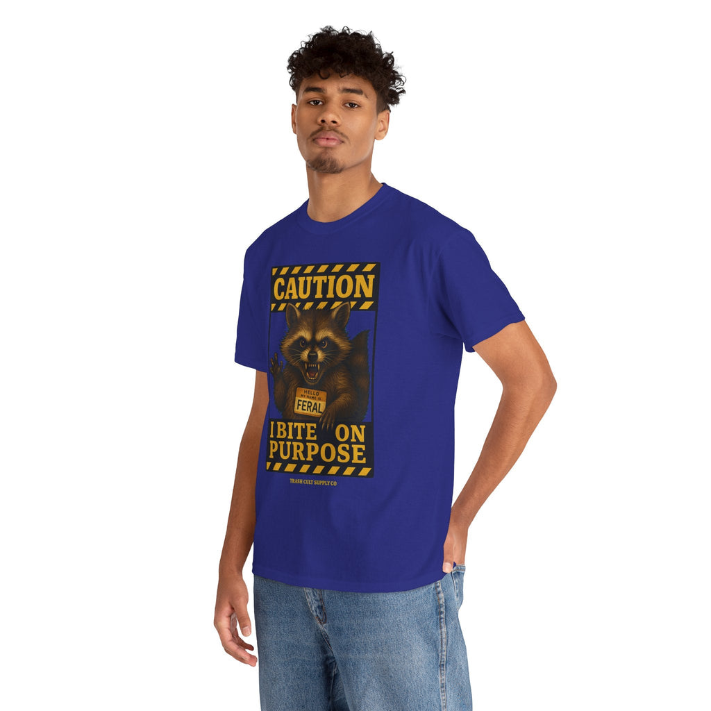 I Bite On Purpose Raccoon Warning T-Shirt – Caution Sign Style | Trash Cult Supply Co | Gildan 5000