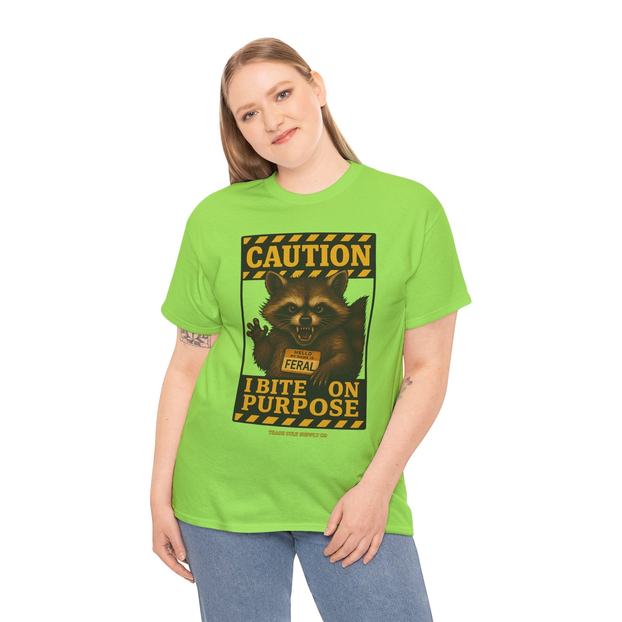I Bite On Purpose Raccoon Warning T-Shirt – Caution Sign Style | Trash Cult Supply Co | Gildan 5000