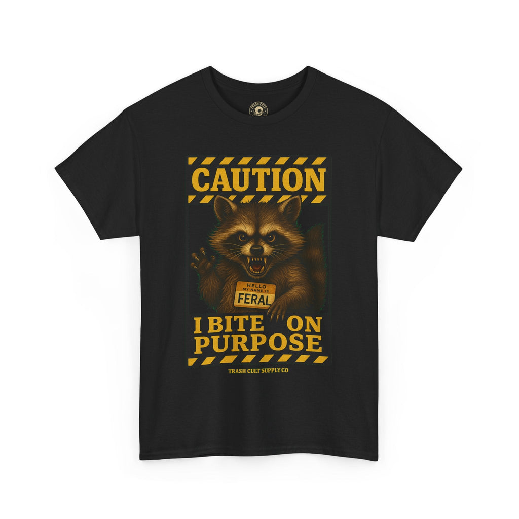 I Bite On Purpose Raccoon Warning T-Shirt – Caution Sign Style | Trash Cult Supply Co | Gildan 5000
