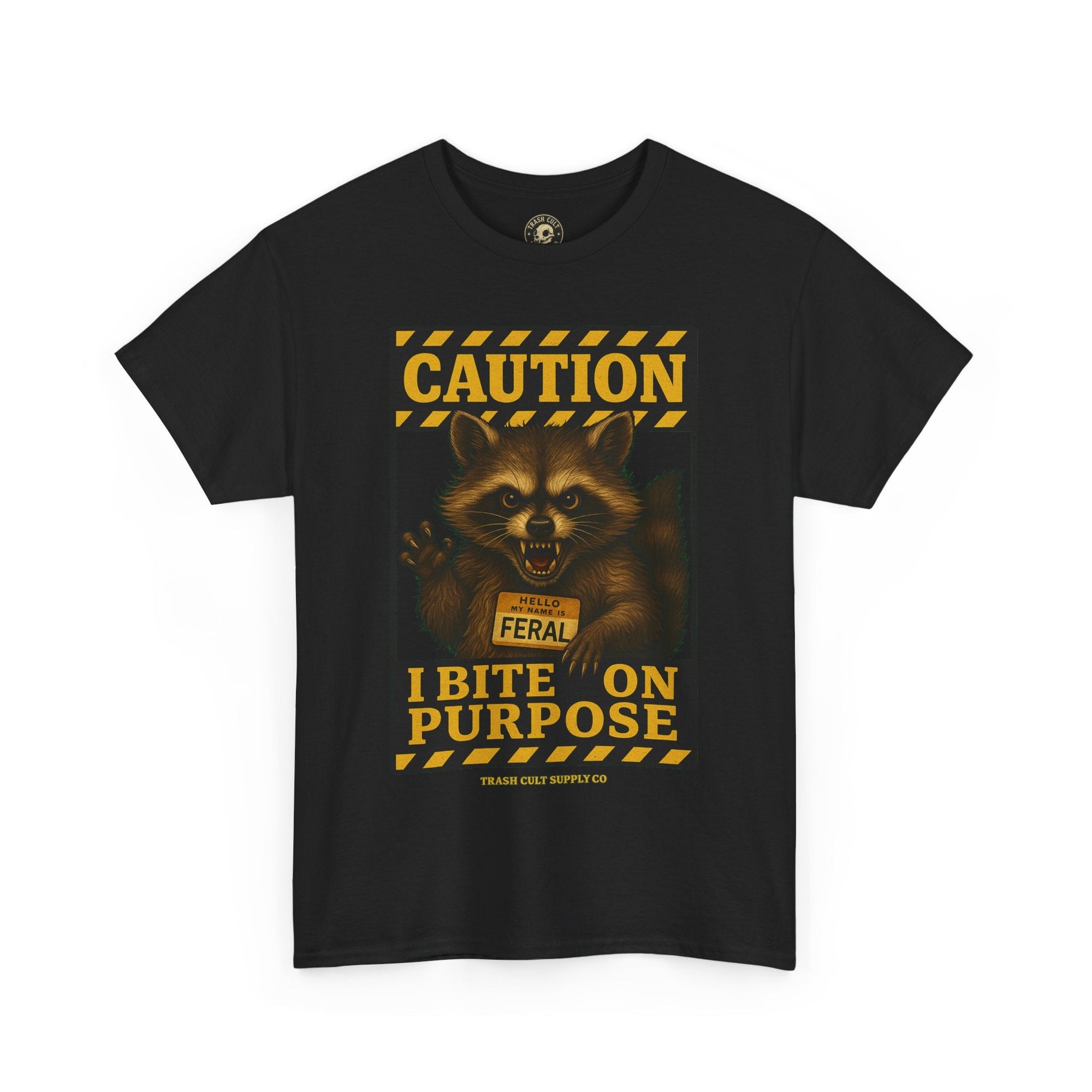 I Bite On Purpose Raccoon Warning T-Shirt – Caution Sign Style | Trash Cult Supply Co | Gildan 5000
