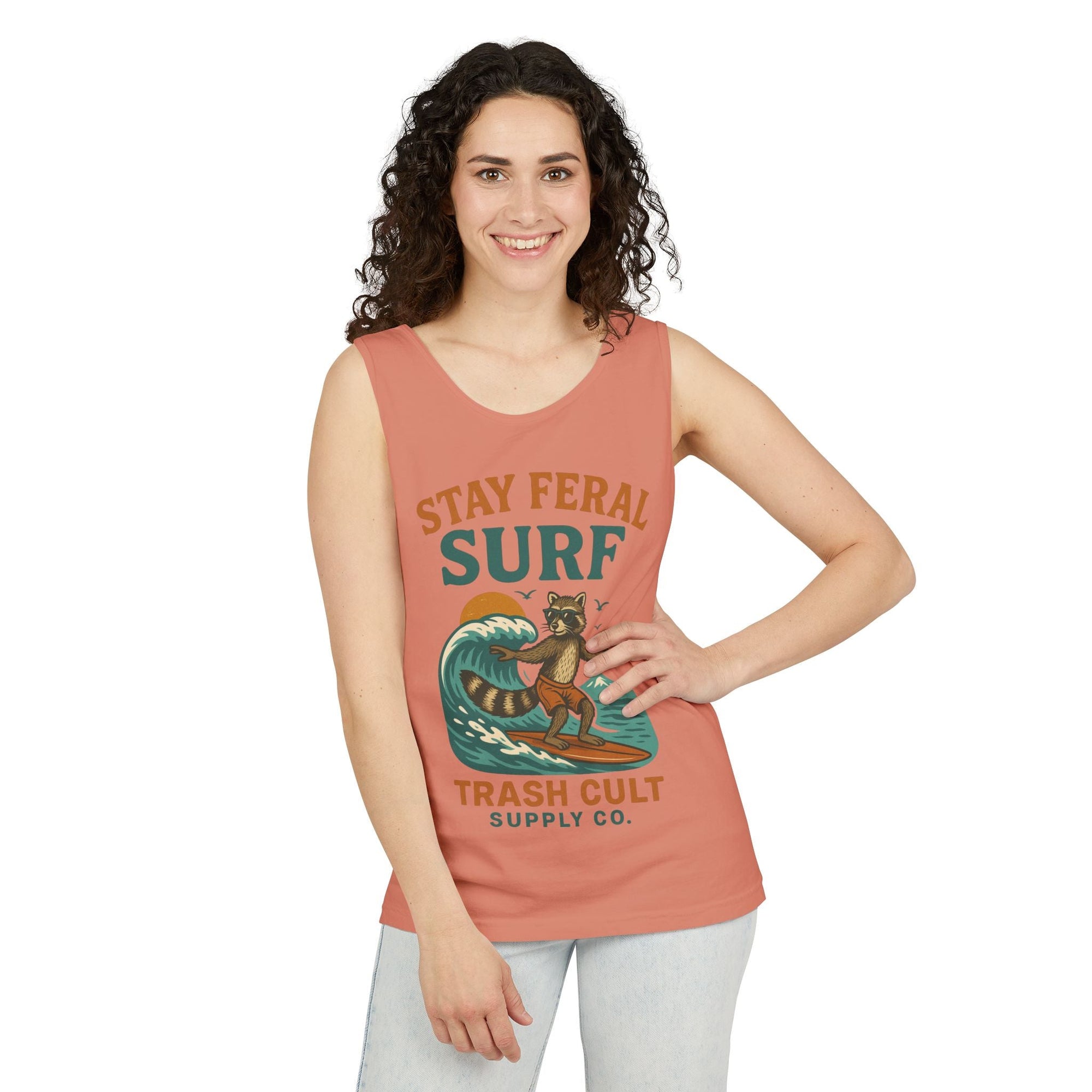 Stay Feral Surf Tank Top – Retro Raccoon Beach Tank – Trash Cult Supply Co – Comfort Colors 9360