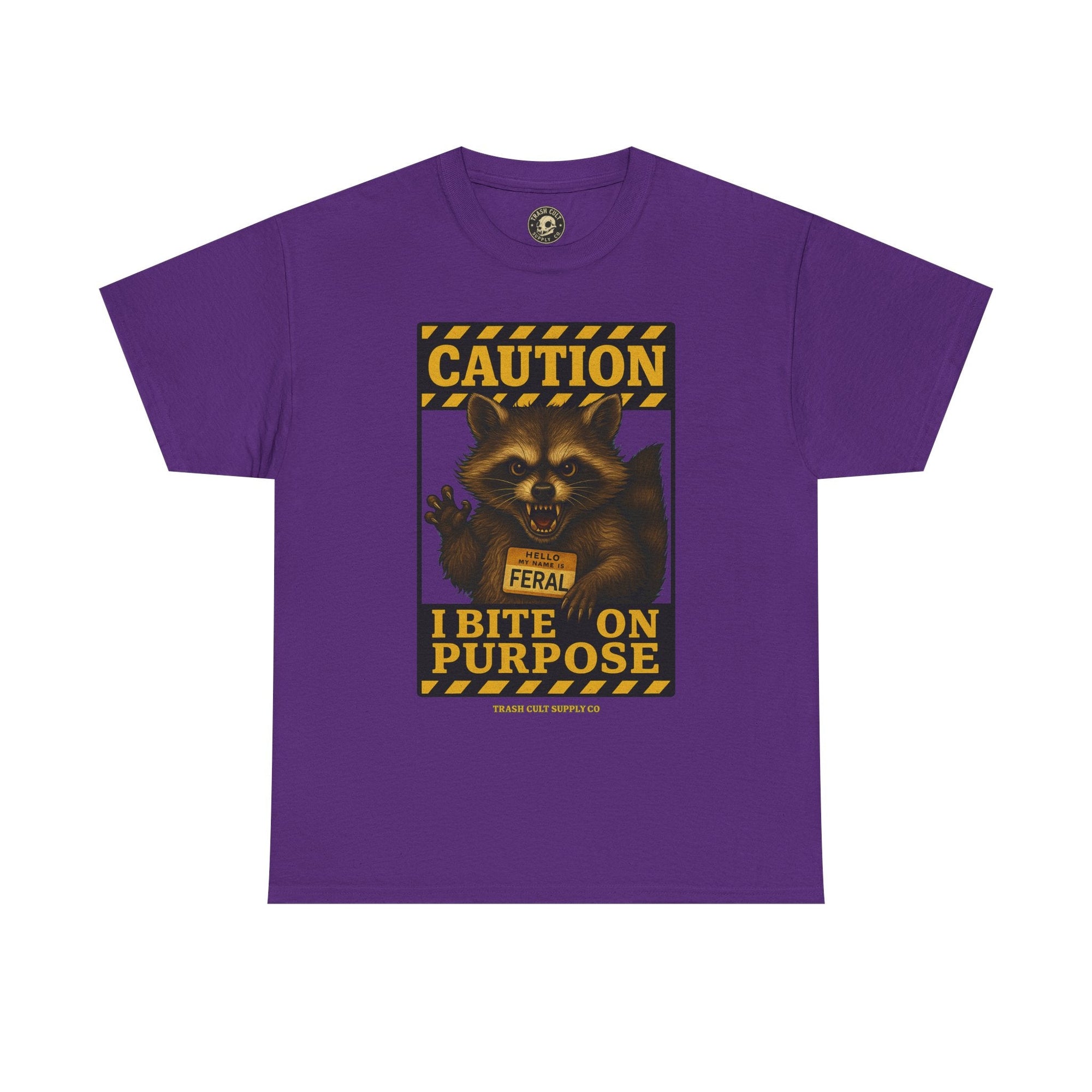 I Bite On Purpose Raccoon Warning T-Shirt – Caution Sign Style | Trash Cult Supply Co | Gildan 5000
