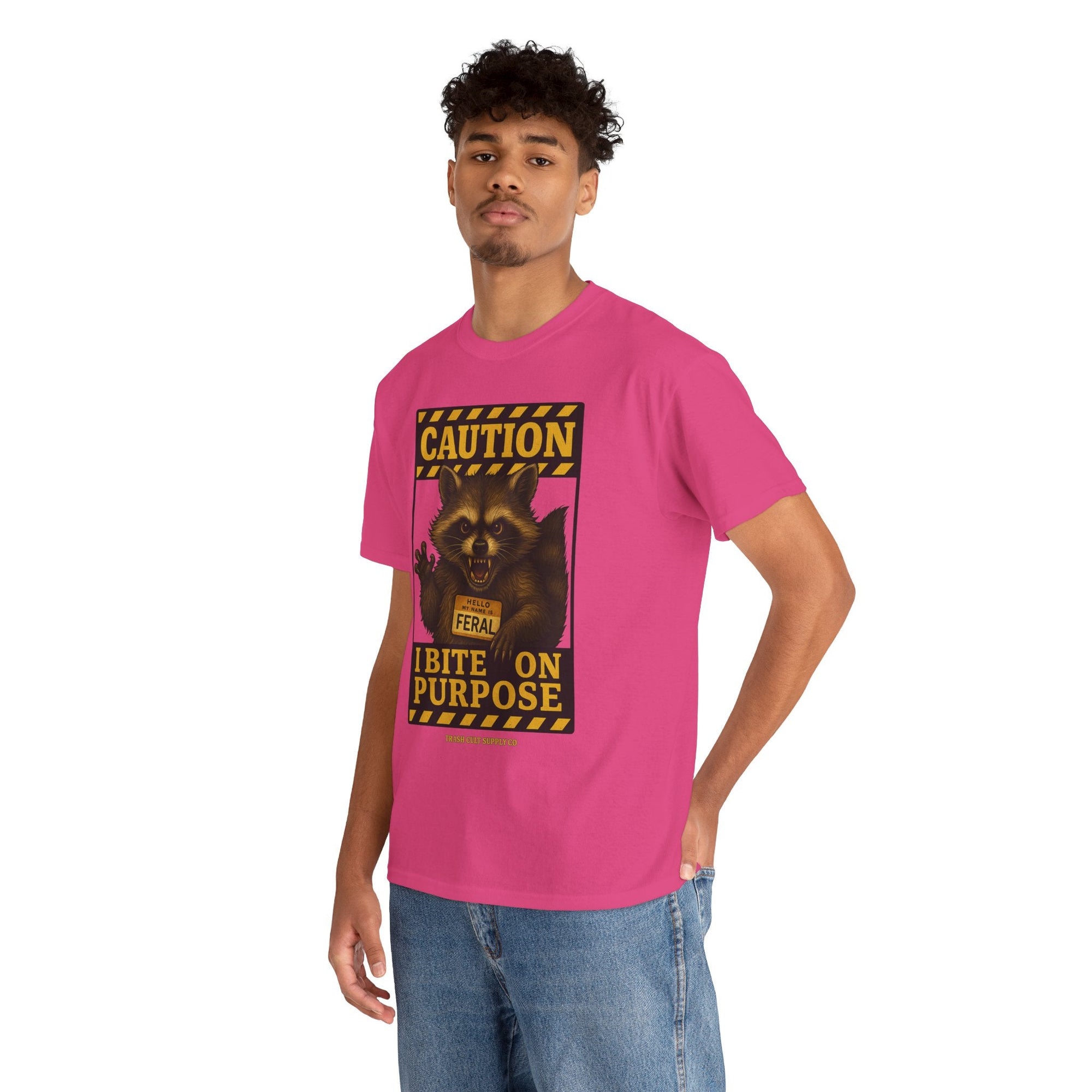 I Bite On Purpose Raccoon Warning T-Shirt – Caution Sign Style | Trash Cult Supply Co | Gildan 5000