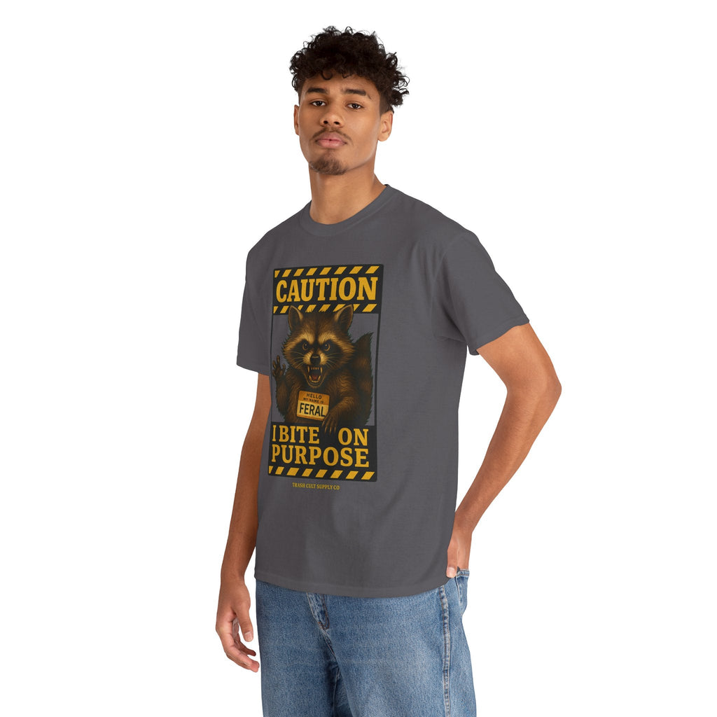 I Bite On Purpose Raccoon Warning T-Shirt – Caution Sign Style | Trash Cult Supply Co | Gildan 5000