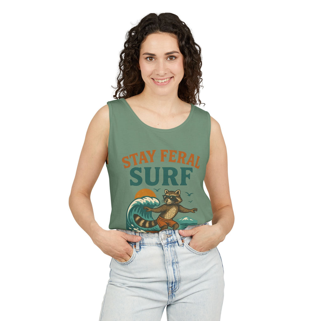 Stay Feral Surf Tank Top – Retro Raccoon Beach Tank – Trash Cult Supply Co – Comfort Colors 9360