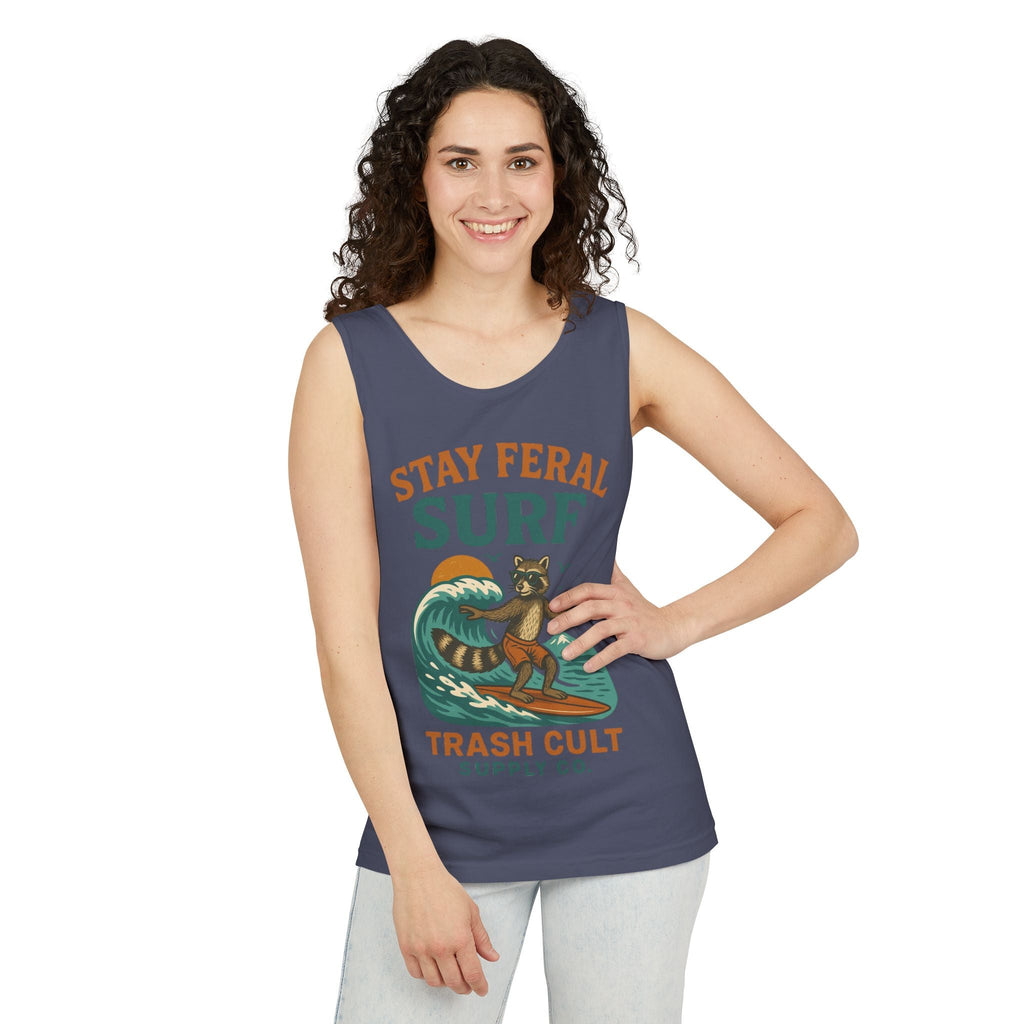 Stay Feral Surf Tank Top – Retro Raccoon Beach Tank – Trash Cult Supply Co – Comfort Colors 9360
