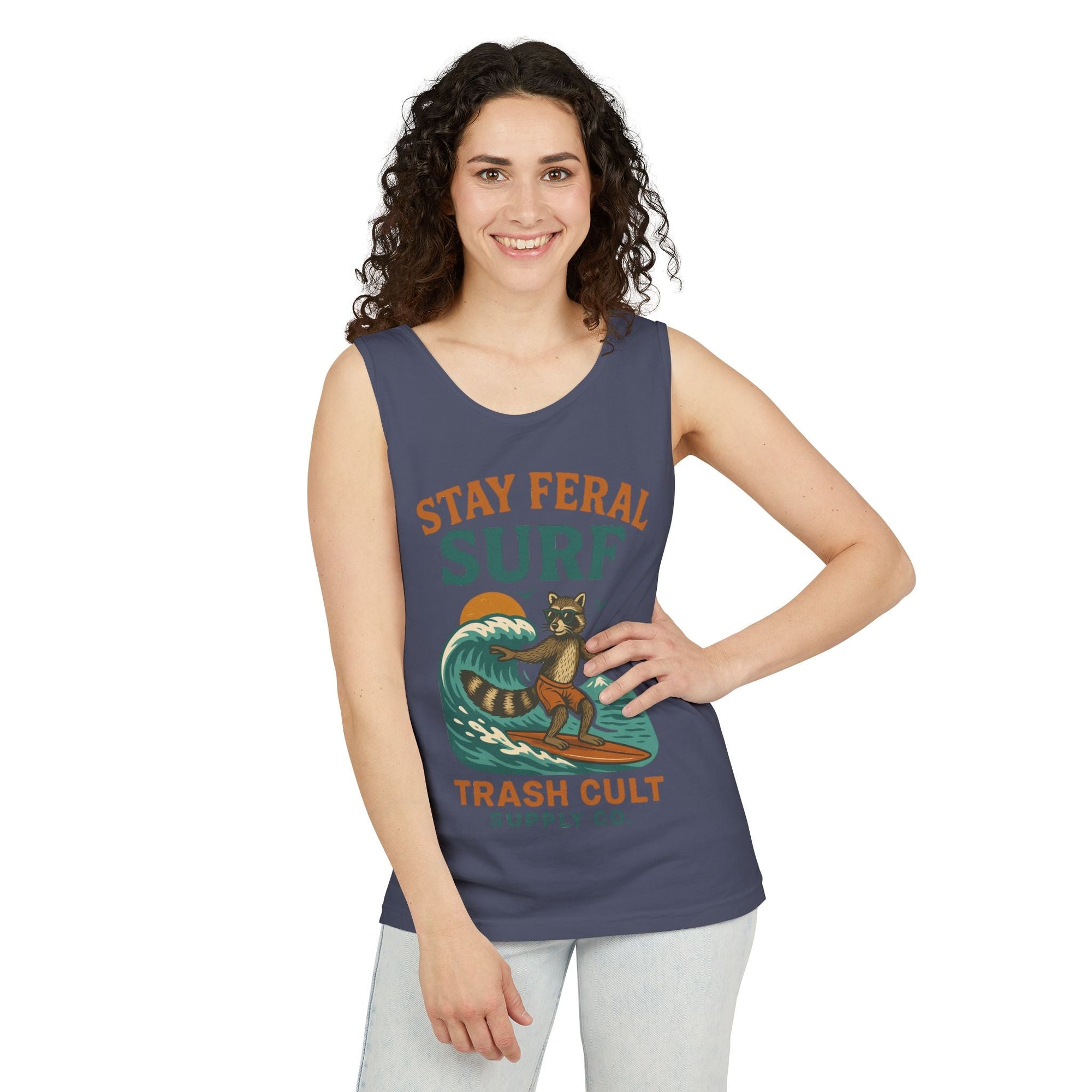 Stay Feral Surf Tank Top – Retro Raccoon Beach Tank – Trash Cult Supply Co – Comfort Colors 9360
