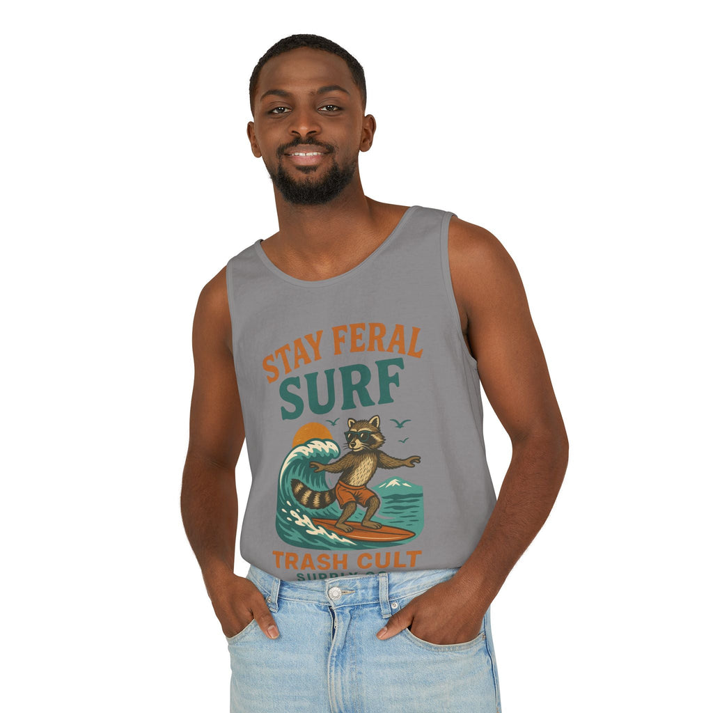 Stay Feral Surf Tank Top – Retro Raccoon Beach Tank – Trash Cult Supply Co – Comfort Colors 9360