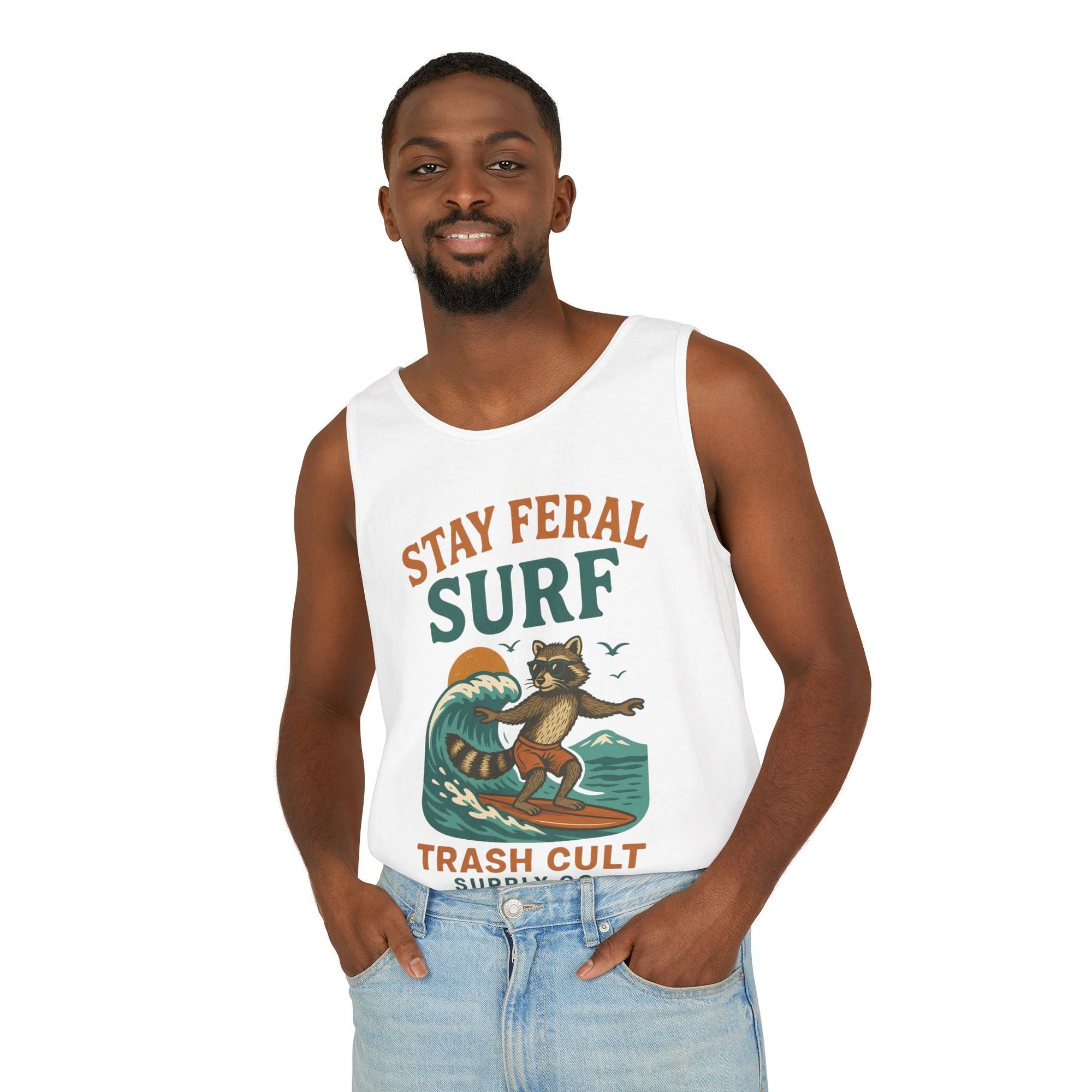 Stay Feral Surf Tank Top – Retro Raccoon Beach Tank – Trash Cult Supply Co – Comfort Colors 9360