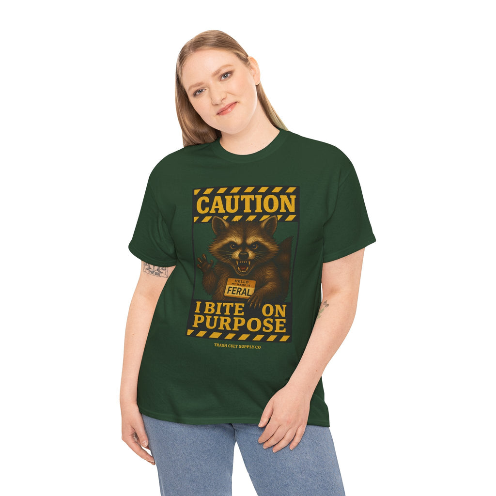 I Bite On Purpose Raccoon Warning T-Shirt – Caution Sign Style | Trash Cult Supply Co | Gildan 5000