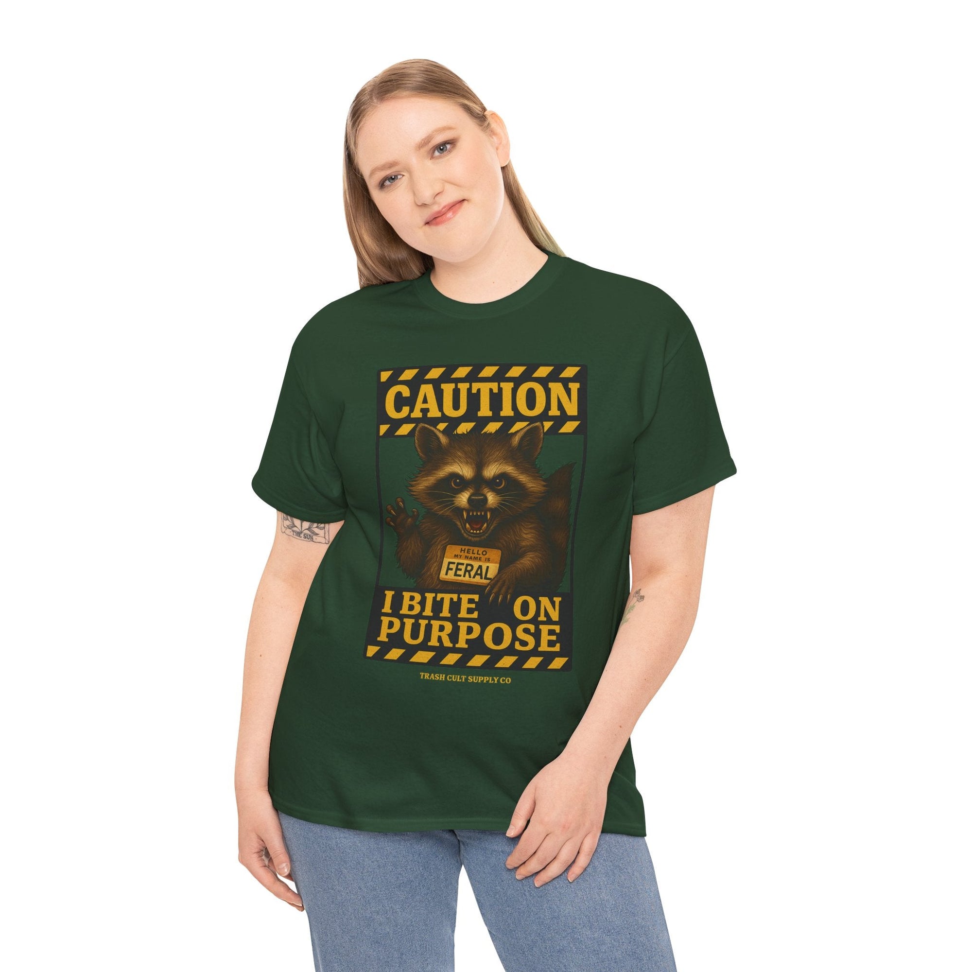 I Bite On Purpose Raccoon Warning T-Shirt – Caution Sign Style | Trash Cult Supply Co | Gildan 5000