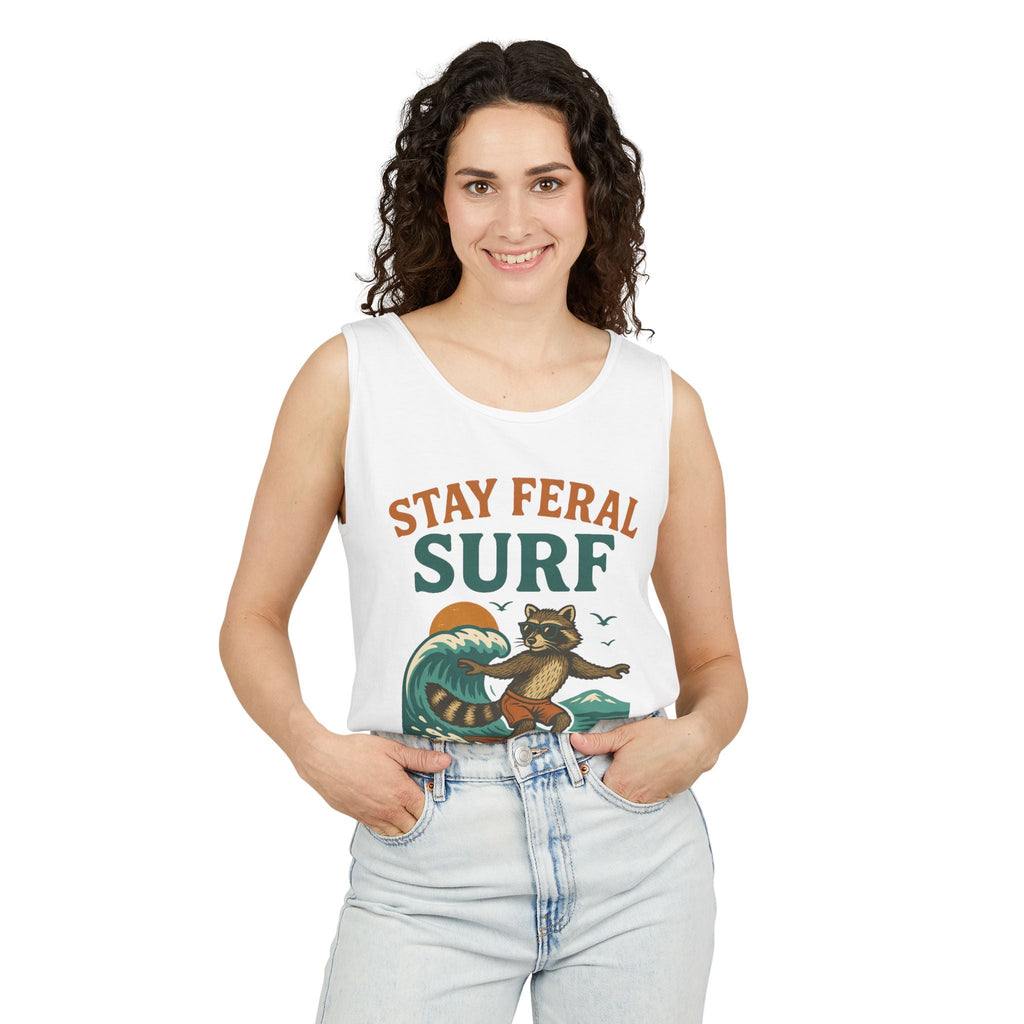 Stay Feral Surf Tank Top – Retro Raccoon Beach Tank – Trash Cult Supply Co – Comfort Colors 9360
