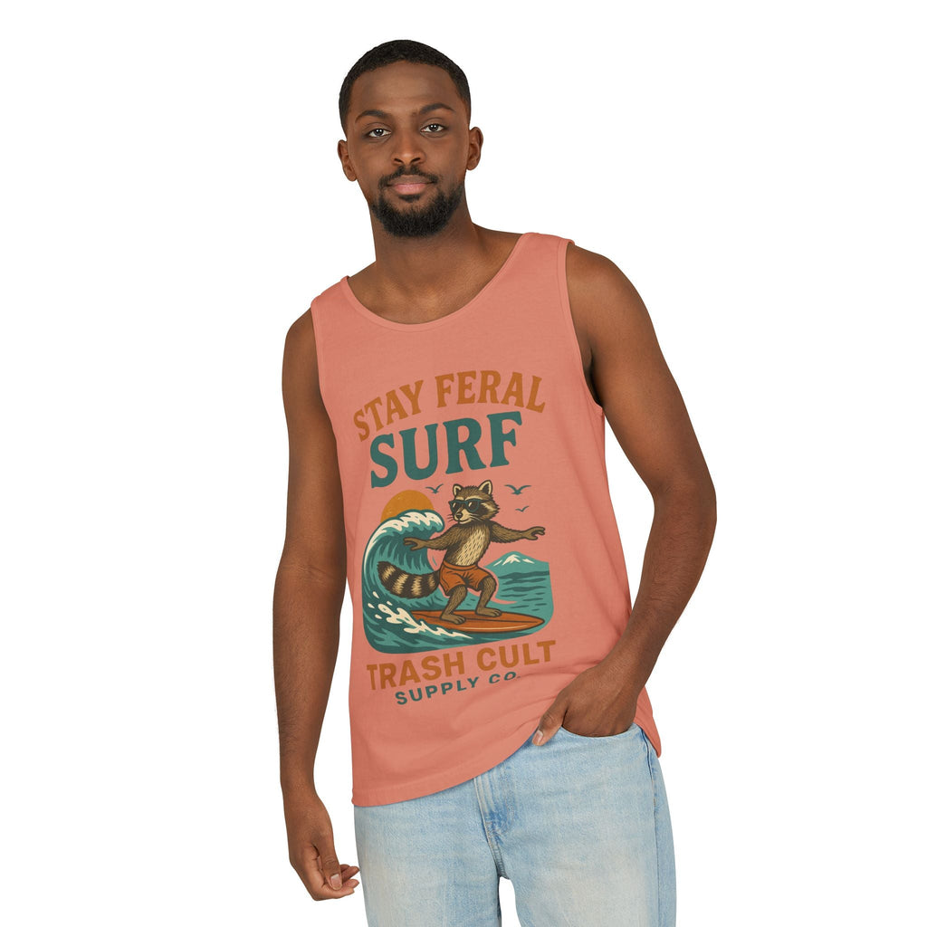 Stay Feral Surf Tank Top – Retro Raccoon Beach Tank – Trash Cult Supply Co – Comfort Colors 9360