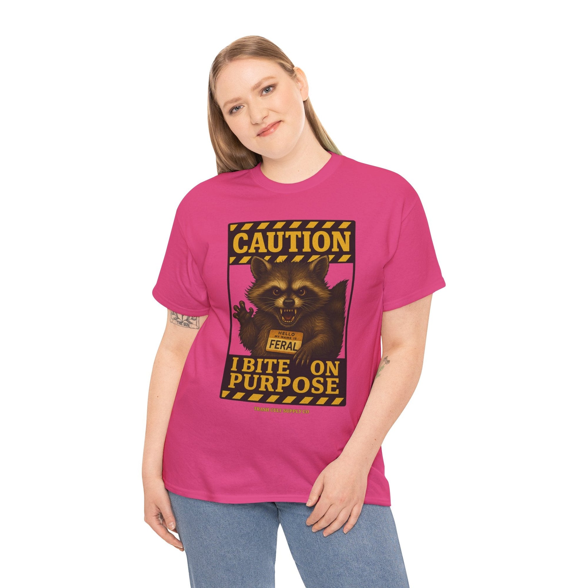 I Bite On Purpose Raccoon Warning T-Shirt – Caution Sign Style | Trash Cult Supply Co | Gildan 5000