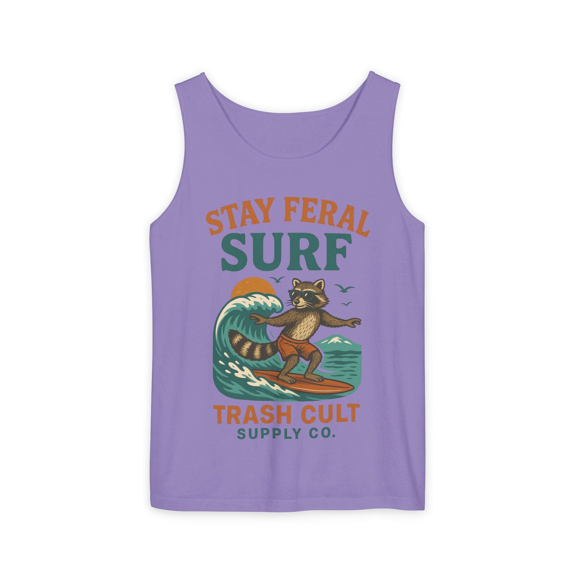 Stay Feral Surf Tank Top – Retro Raccoon Beach Tank – Trash Cult Supply Co – Comfort Colors 9360