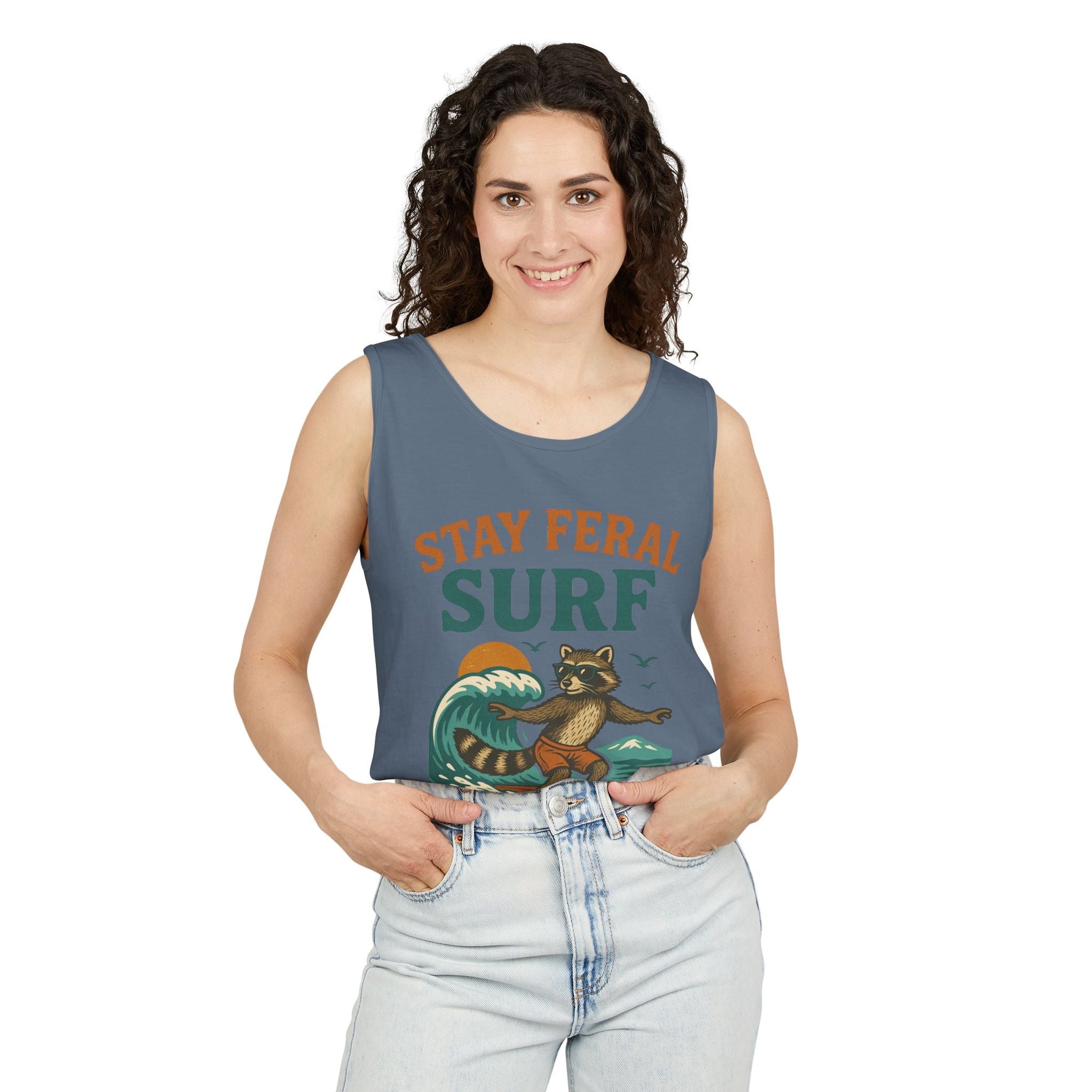 Stay Feral Surf Tank Top – Retro Raccoon Beach Tank – Trash Cult Supply Co – Comfort Colors 9360