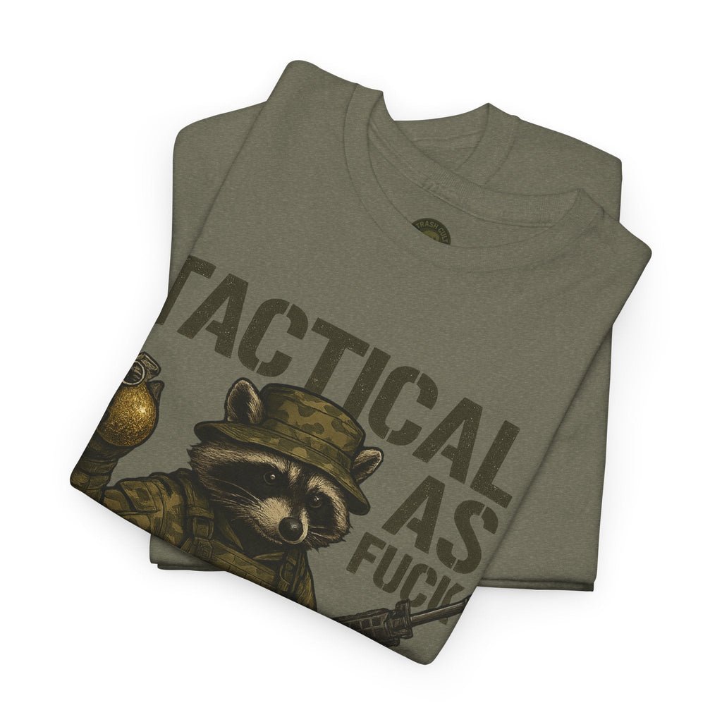 Tactical As F*** T-Shirt – Armed Raccoon Military Humor Tee | Trash Cult Supply Co. | Gildan 5000 Heavy Cotton