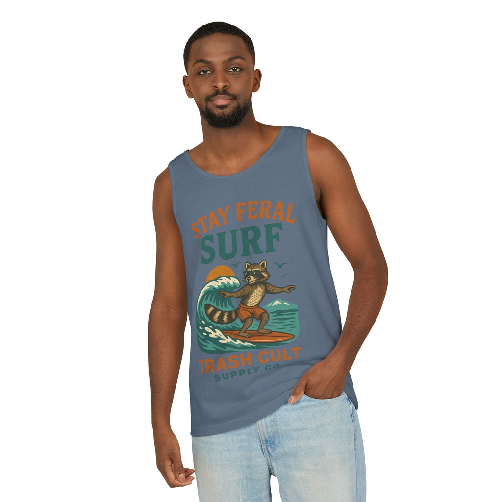 Stay Feral Surf Tank Top – Retro Raccoon Beach Tank – Trash Cult Supply Co – Comfort Colors 9360