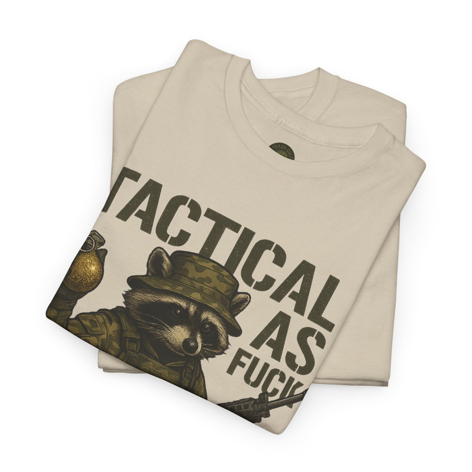 Tactical As F*** T-Shirt – Armed Raccoon Military Humor Tee | Trash Cult Supply Co. | Gildan 5000 Heavy Cotton