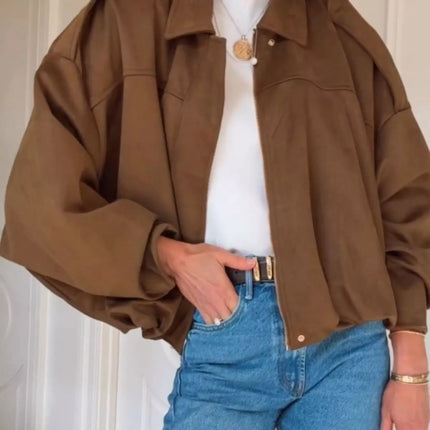 Zip Up Dropped Shoulder Suede Jacket