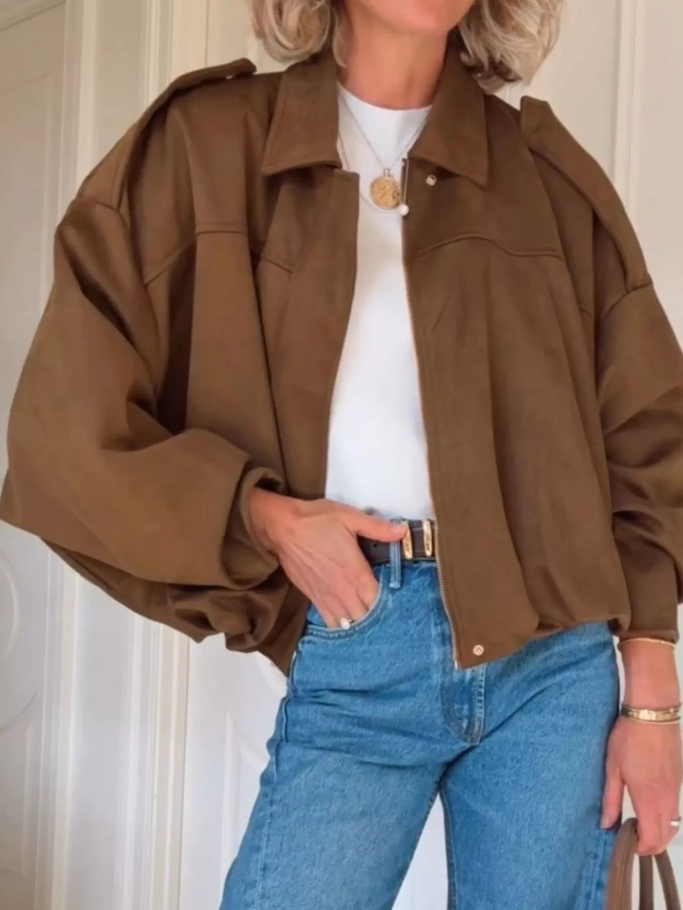 Zip Up Dropped Shoulder Suede Jacket