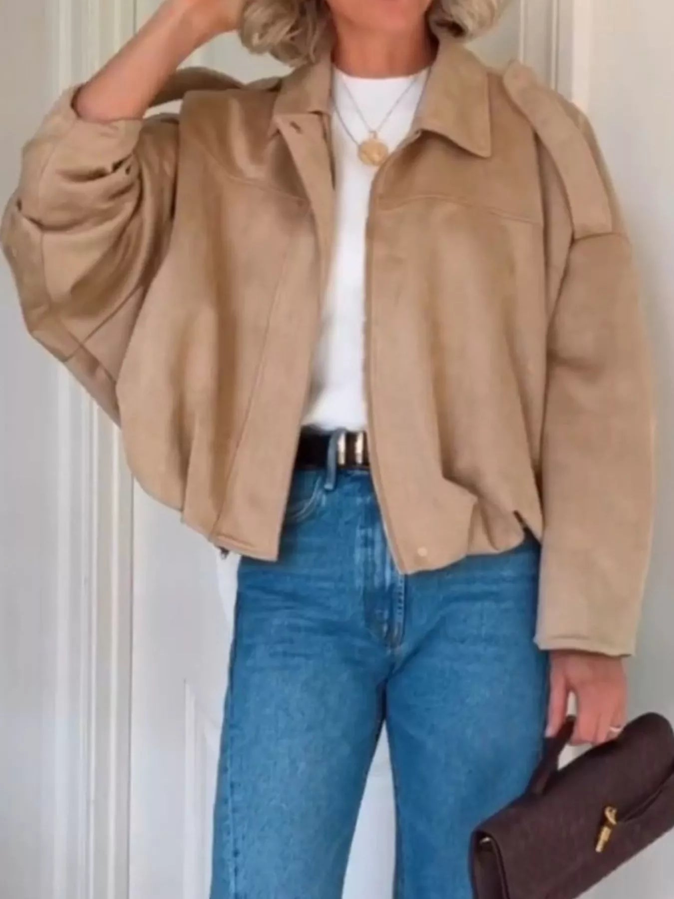 Zip Up Dropped Shoulder Suede Jacket