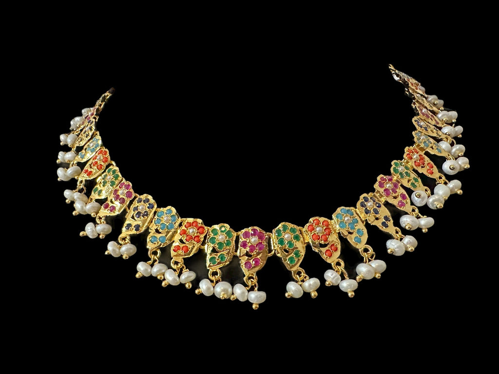 DNS195  Navratan jadau necklace set in fresh water pearls  ( READY TO SHIP )