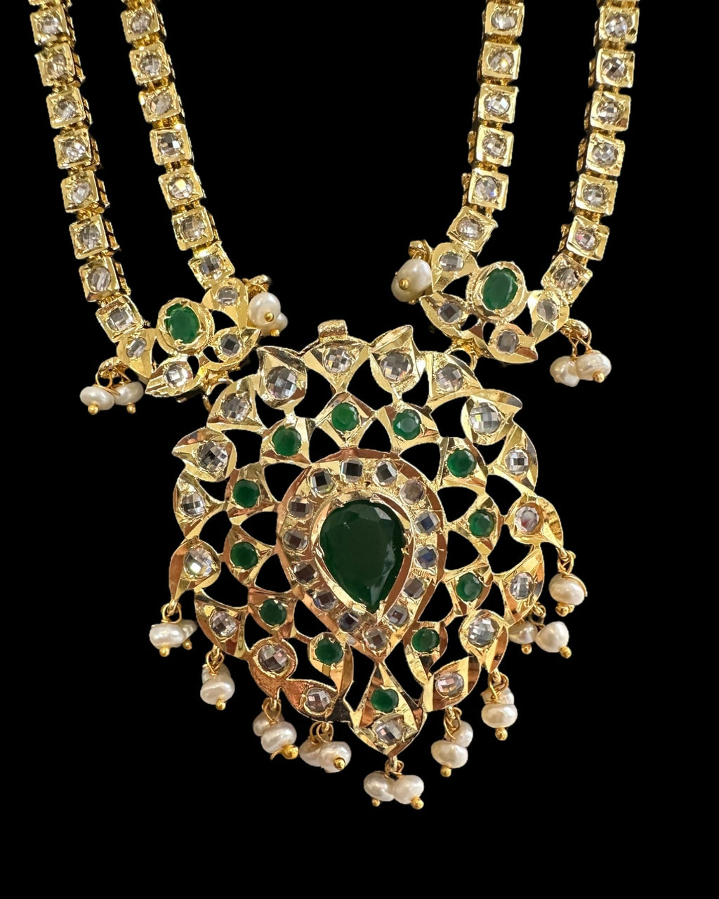 DLN130 Alvira Polki Rani haar with earrings in green ( SHIPS IN 3 WEEKS  )
