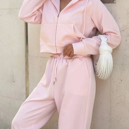 Zip Up Drawstring Hoodie and Pants Set