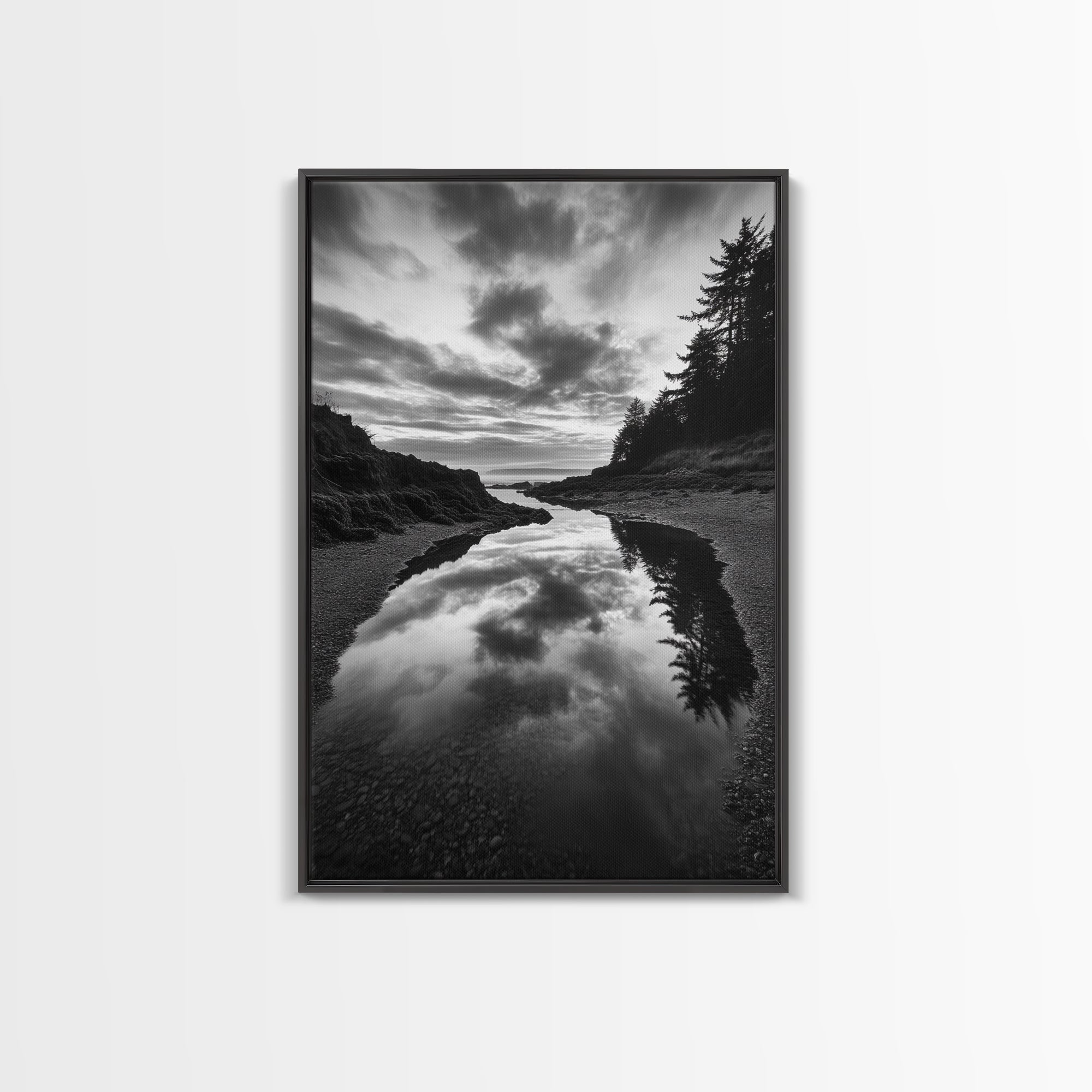 Reflective Tide Pool, Dramatic Sky, Forest Silhouette, Black and White Seascape, Framed Canvas Print, Living Room Wall Art, Nature Boho Style