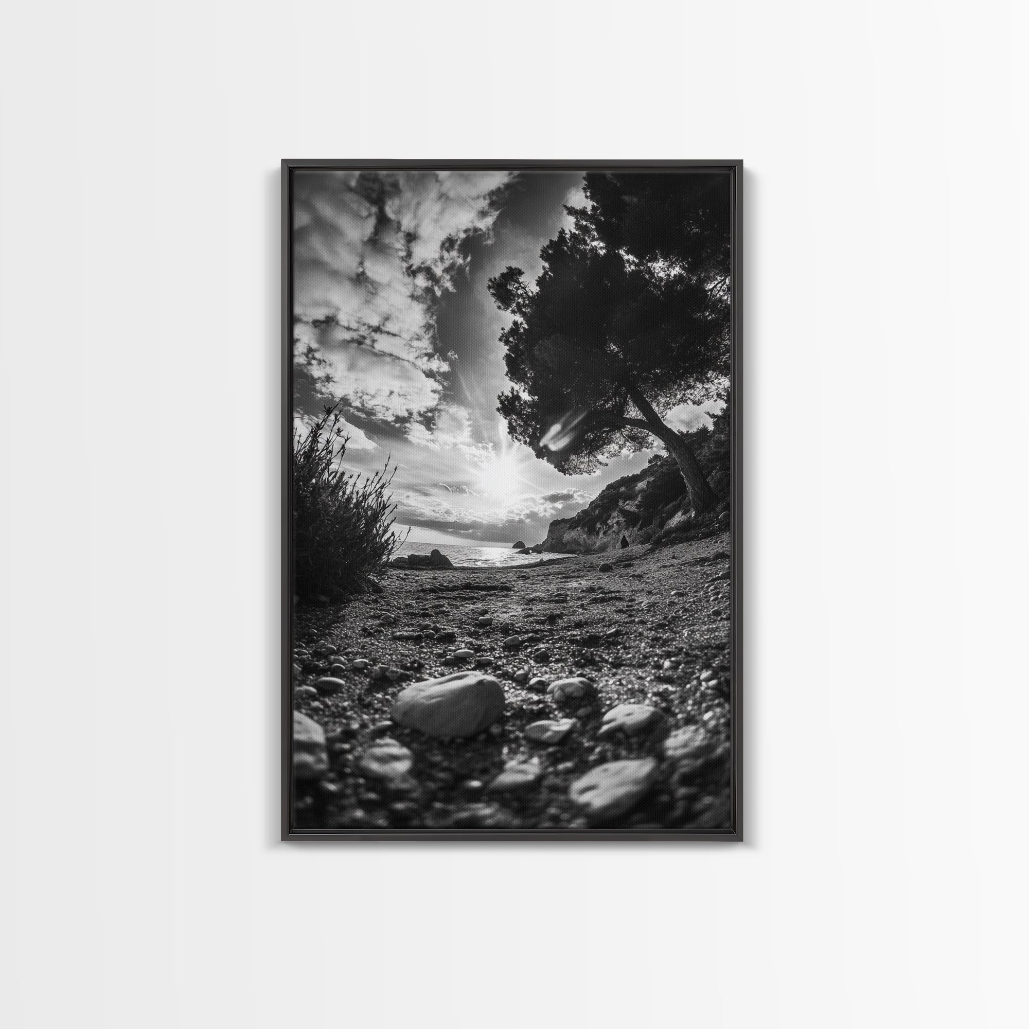 Sunset Beach View, Wide Angle Perspective, Nature Shoreline, Monochrome Landscape, Framed Canvas Print, Hallway Wall Art, Beach Decor