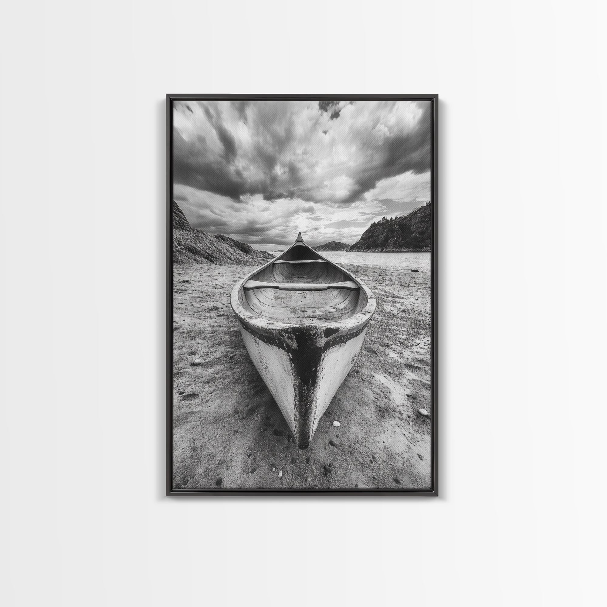 Canoe, Shoreline, Dramatic, Sky - canoe landscape Canvas Print, rustic wall art, entryway decor, nature photography, monochrome mountain