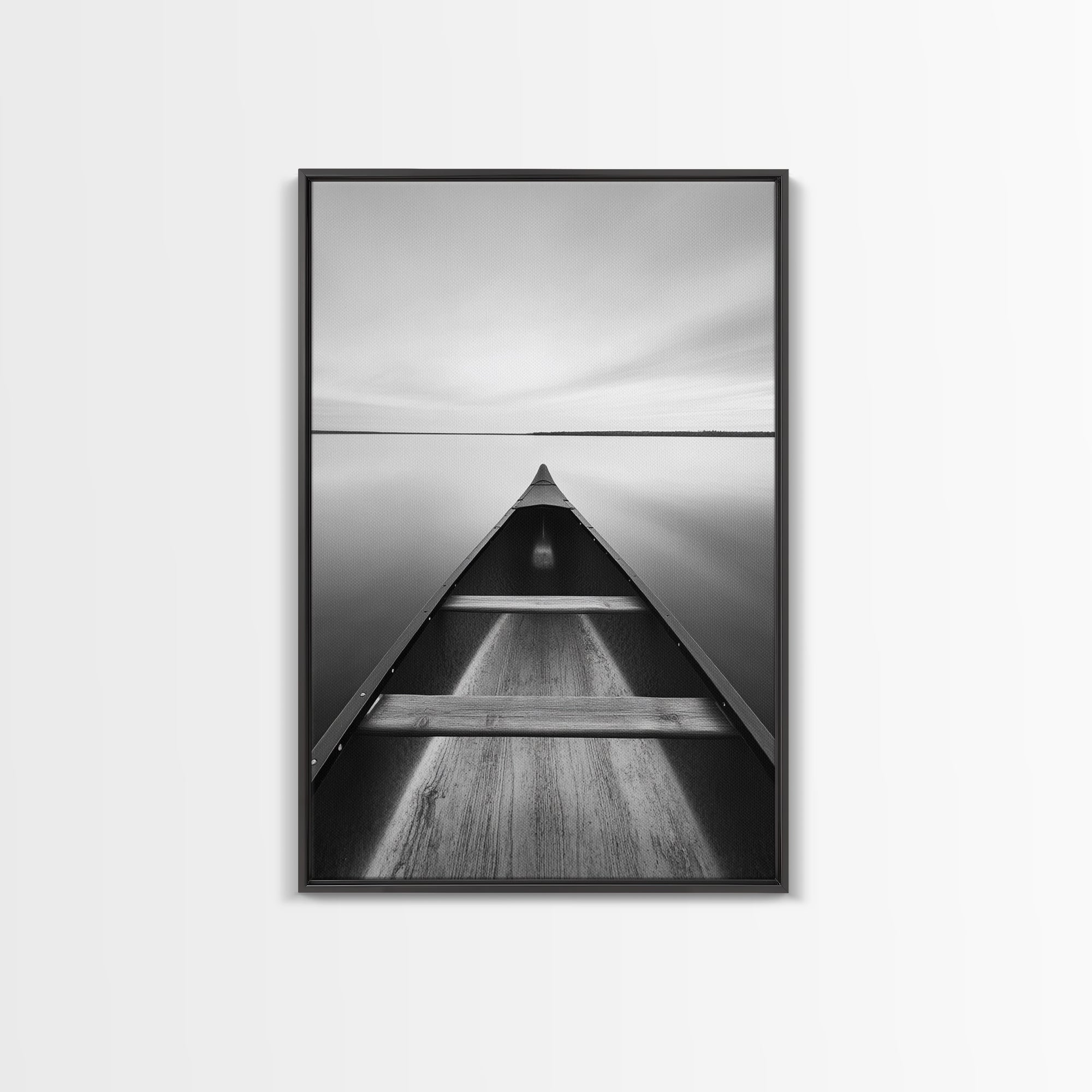 Canoe, Lake, Calm, Horizon - Minimalist lake paddle scene, Framed Canvas Print, peaceful home office art, Scandinavian decor, wilderness print