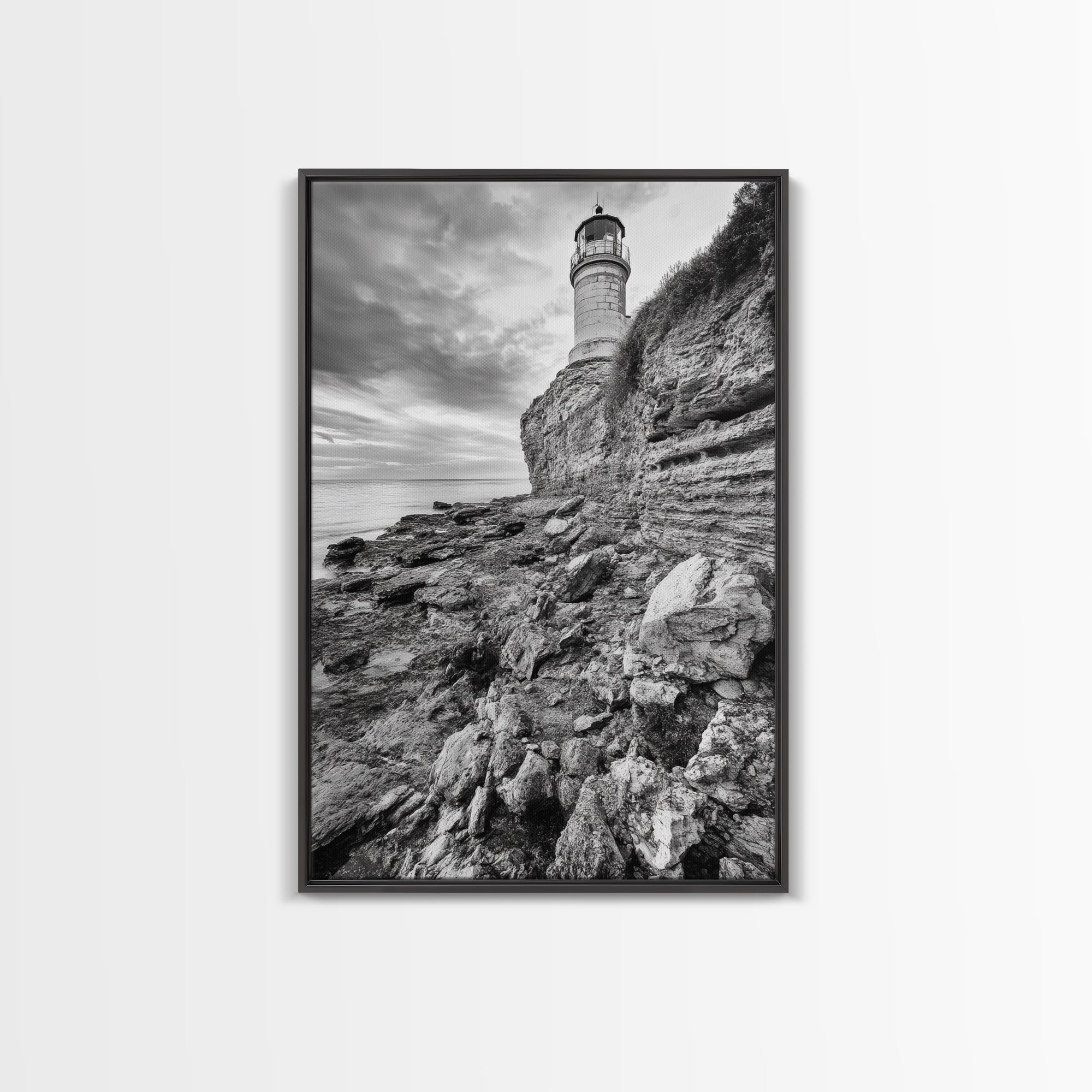 Lighthouse Beacon, Rocky Shoreline, Nautical Coastal Scene, Framed Canvas Print, Ocean View Art, Seaside Living Room Wall Decor