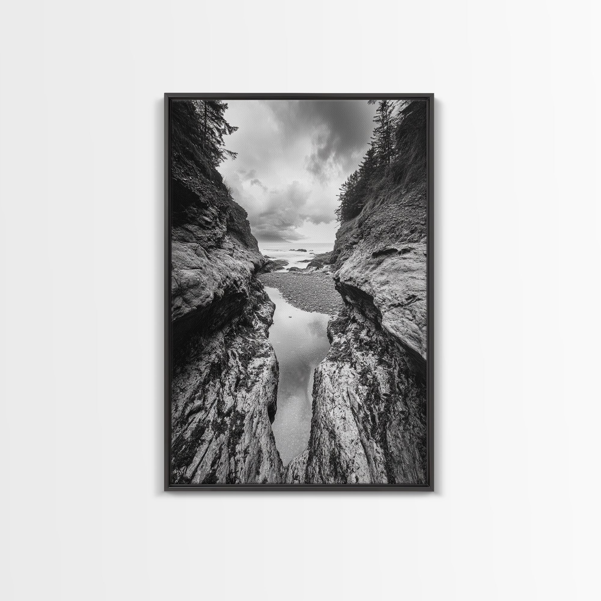 Ocean Ravine, Rugged Coastline, Pacific Wilderness, Stormy Seascape, Framed Canvas Print, Adventure Wall Art, Nature Home Decor