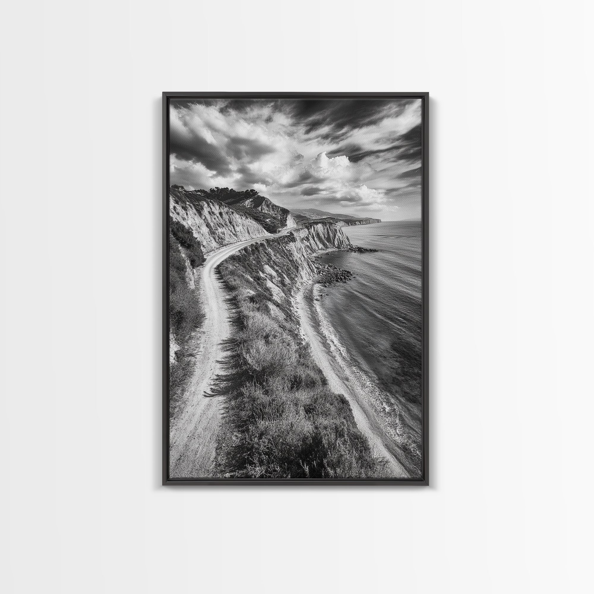 Coastal Mountain Trail, Ocean View, Travel Photography, Framed Canvas Print, Scenic Landscape Art, Office or Hallway Wall Art