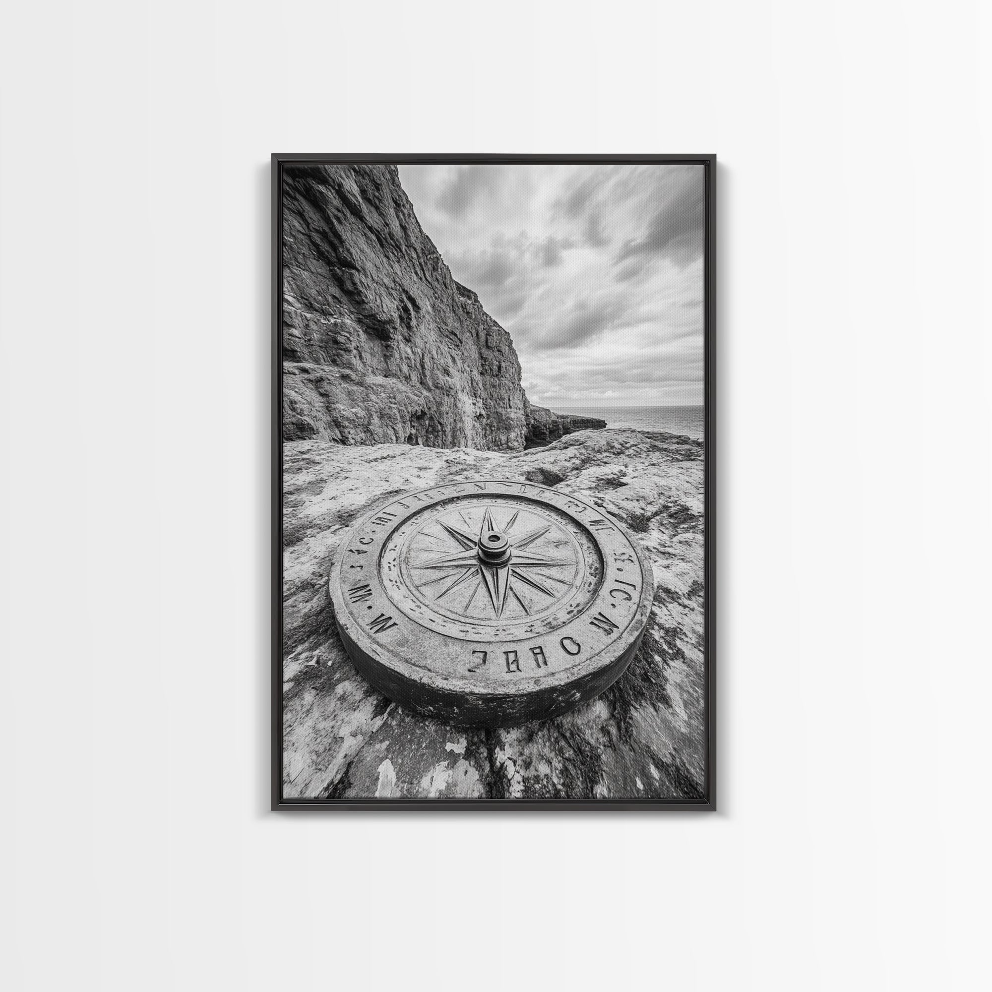 Compass On Cliff, Adventure Travel Art, Nautical Wall Decor, Framed Canvas Print, Rustic Office Art, Nature Explorer Gift Idea