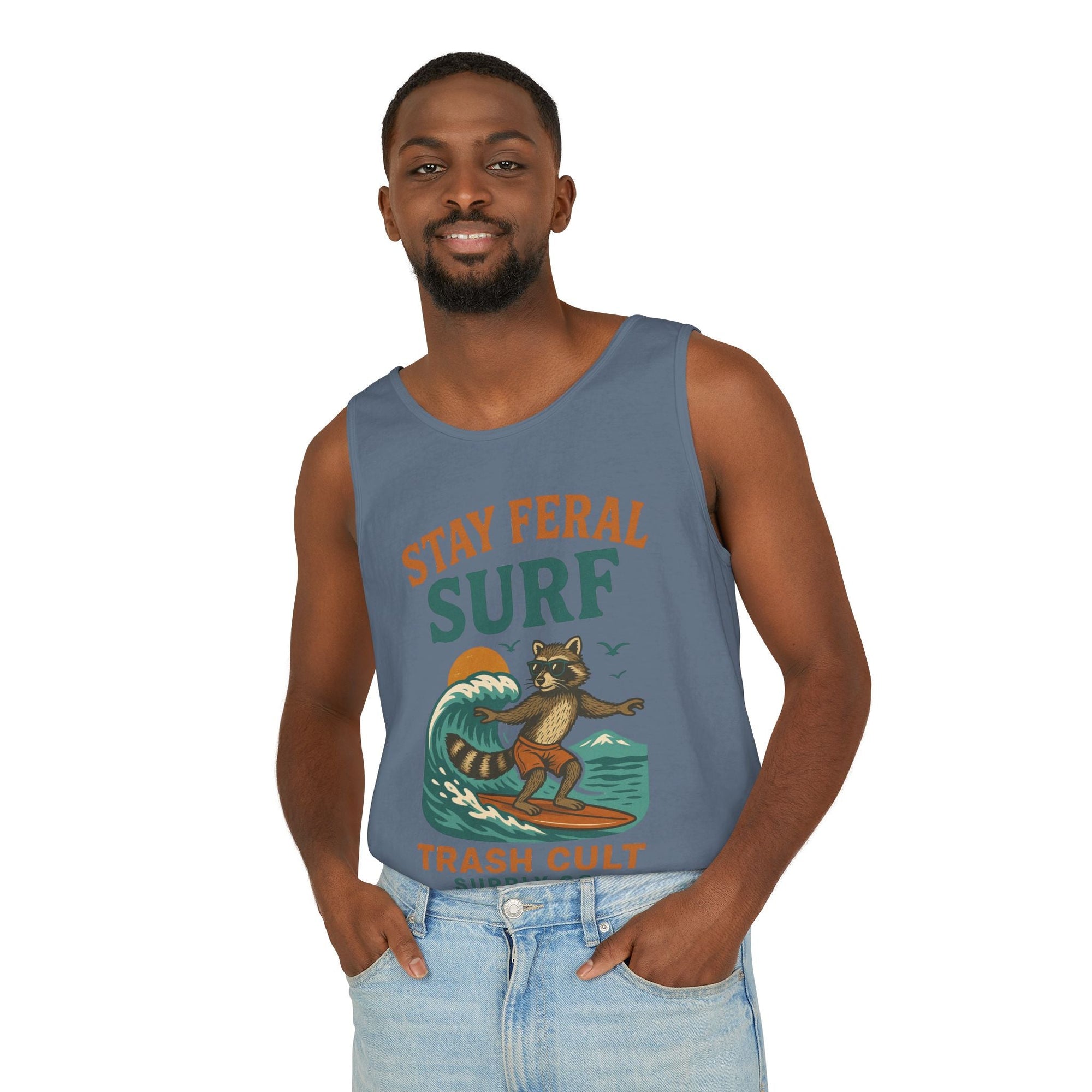 Stay Feral Surf Tank Top – Retro Raccoon Beach Tank – Trash Cult Supply Co – Comfort Colors 9360