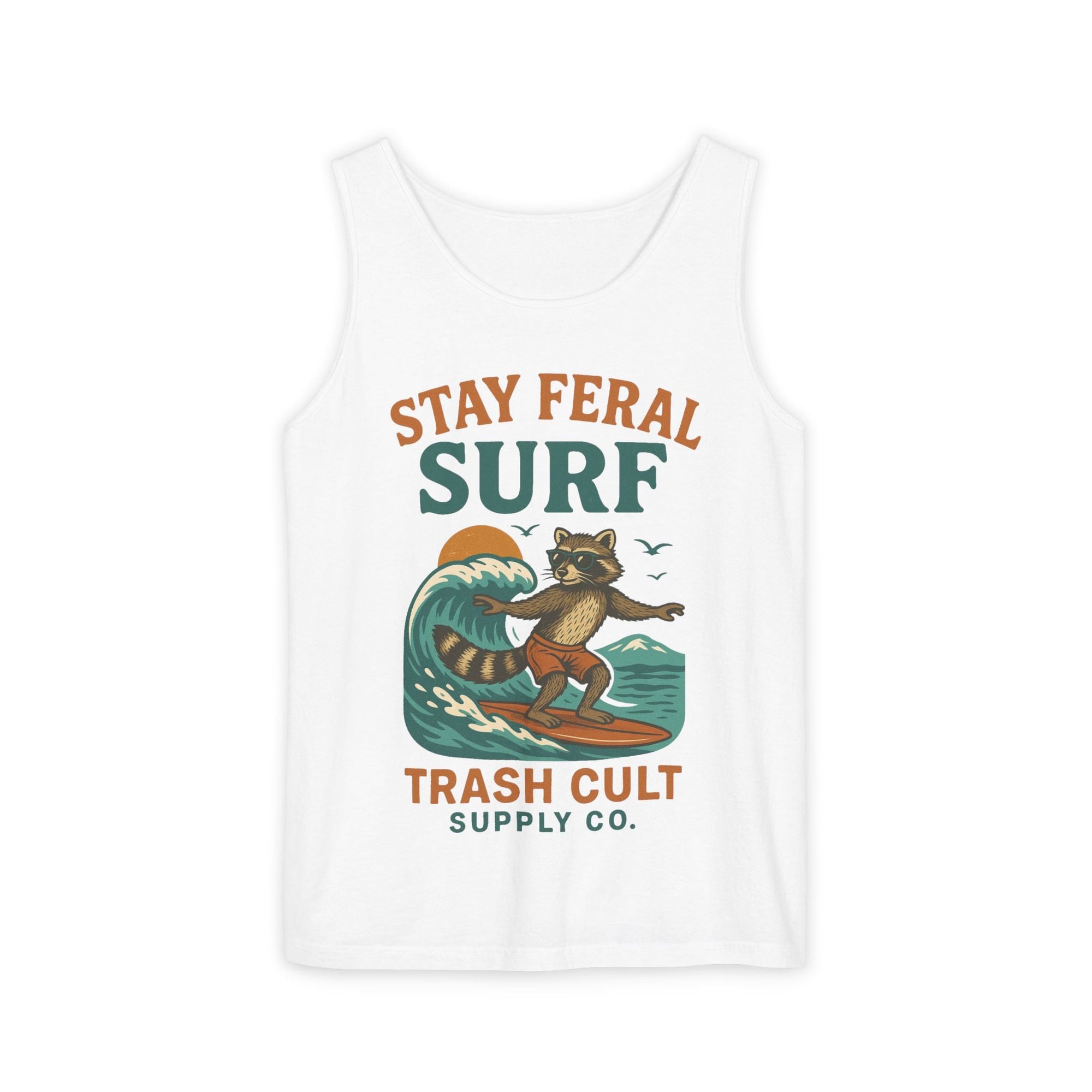 Stay Feral Surf Tank Top – Retro Raccoon Beach Tank – Trash Cult Supply Co – Comfort Colors 9360