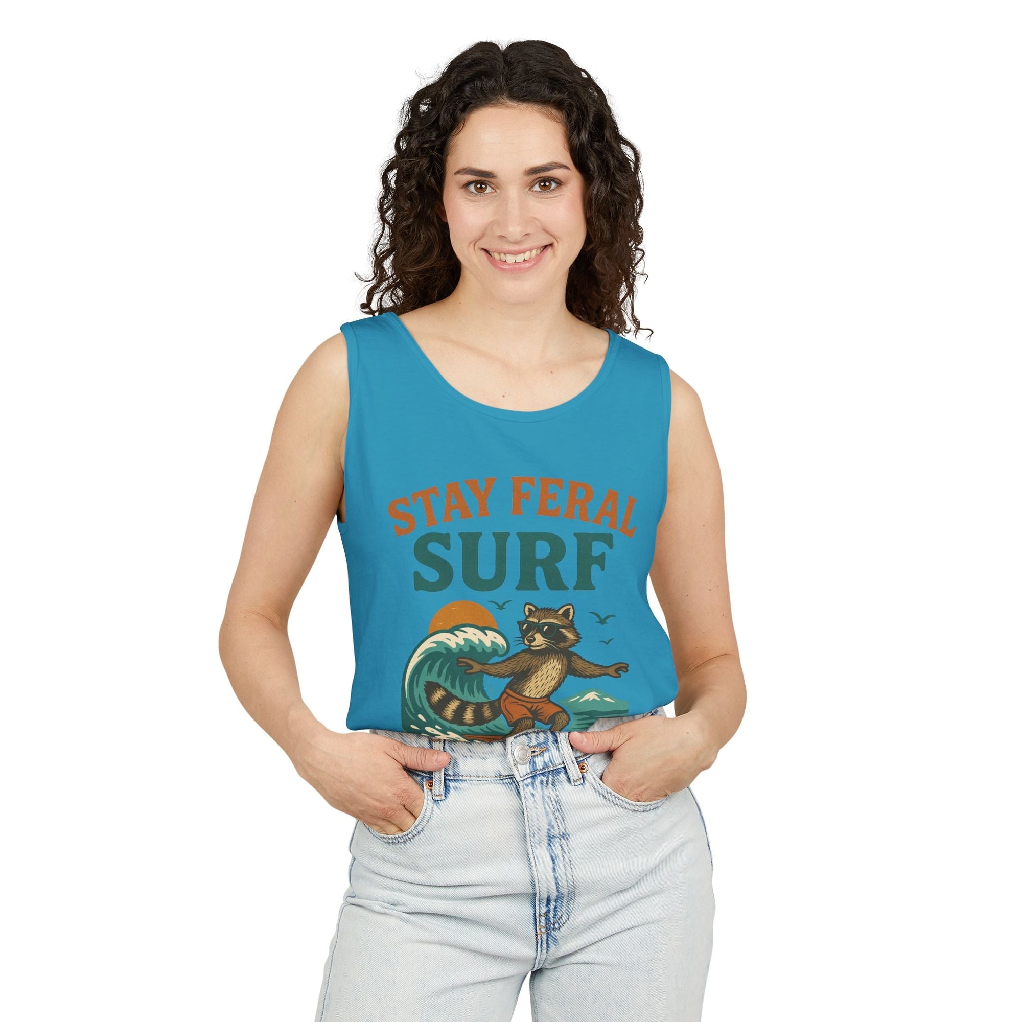 Stay Feral Surf Tank Top – Retro Raccoon Beach Tank – Trash Cult Supply Co – Comfort Colors 9360