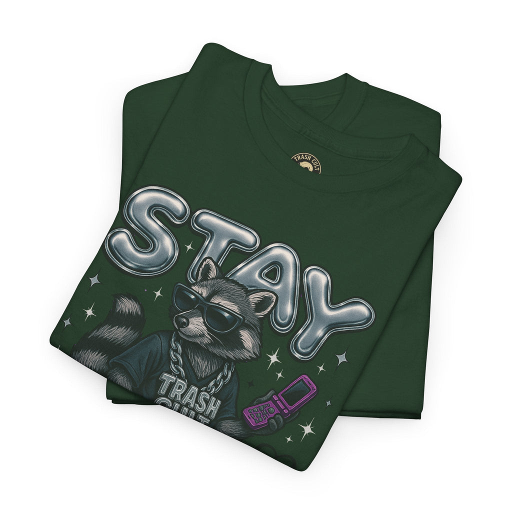 Stay Feral Chrome Raccoon Tee – Y2K Streetwear Trash Cult Shirt