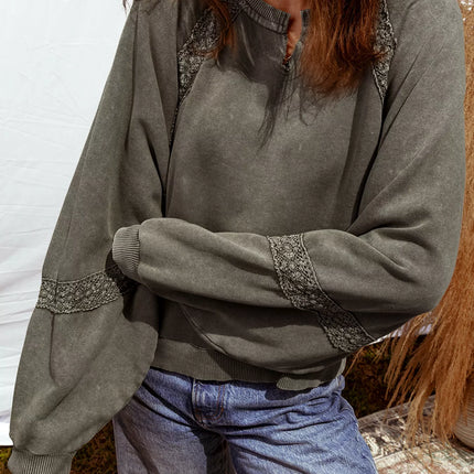 Lace Patchwork Detail Notched Mineral Wash Sweatshirt