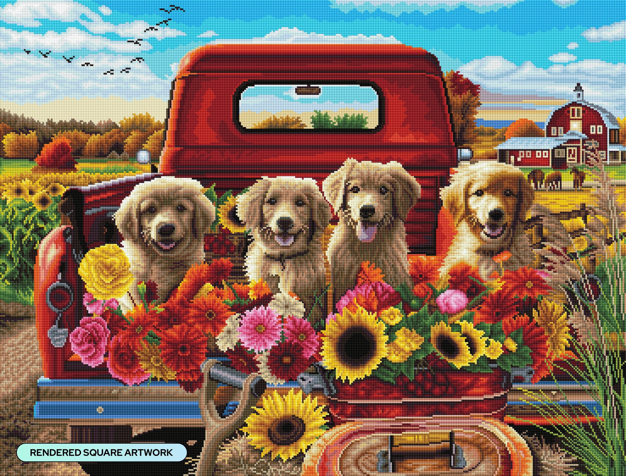 Diamond Art Club – Puppies and Flowers Diamond Painting (Square Drill, 36.2" x 27.6")
