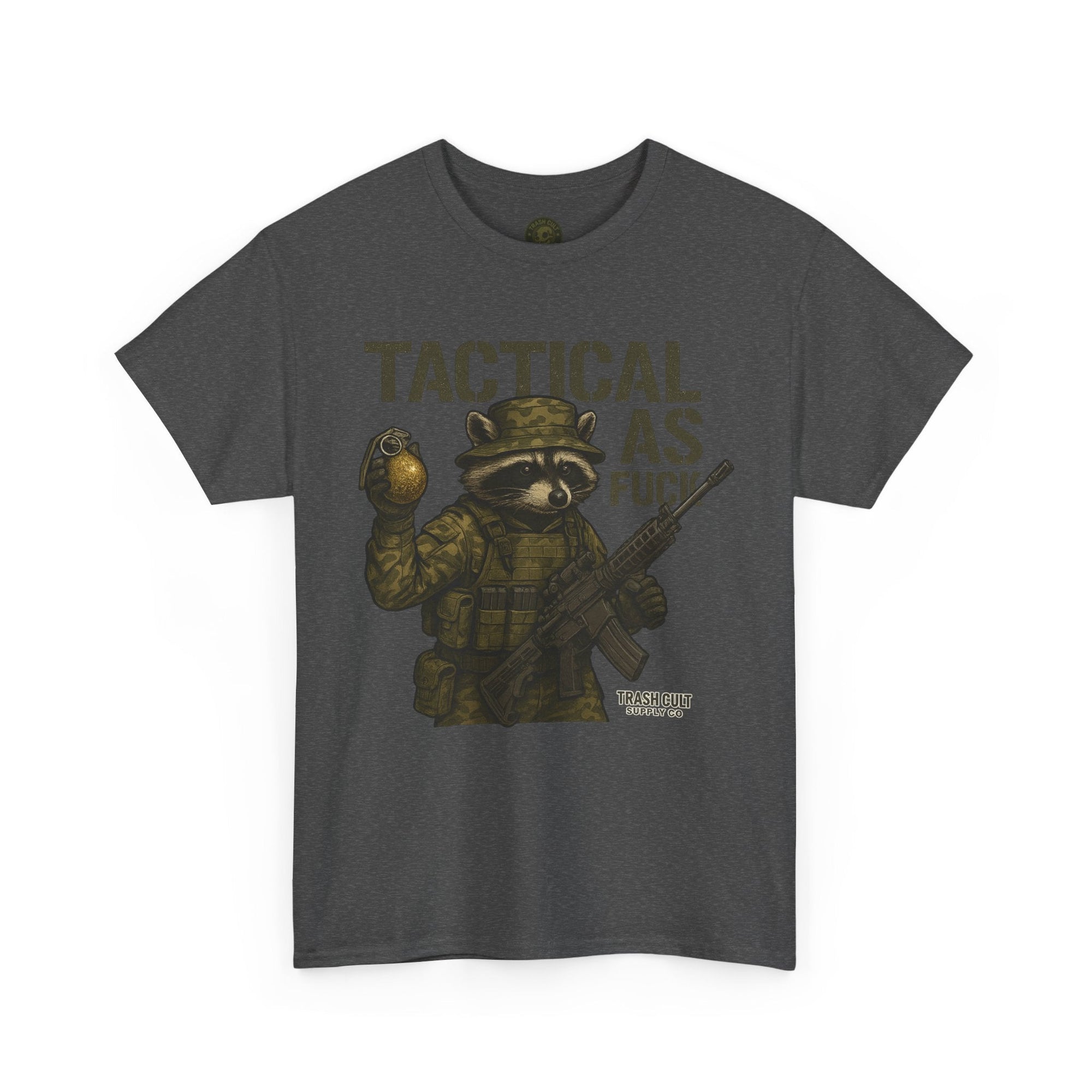 Tactical As F*** T-Shirt – Armed Raccoon Military Humor Tee | Trash Cult Supply Co. | Gildan 5000 Heavy Cotton