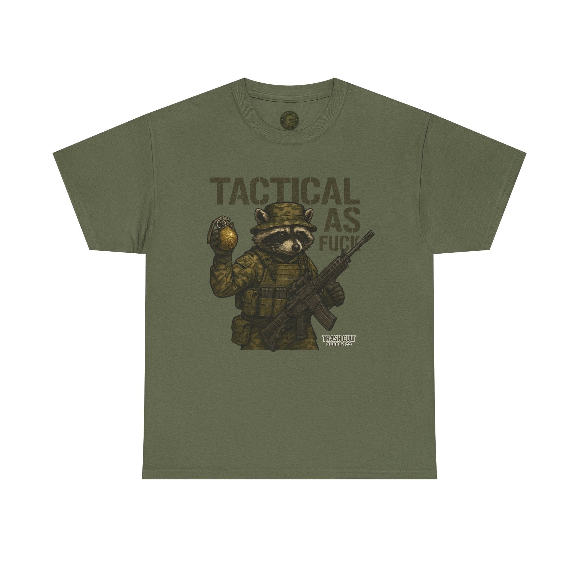 Tactical As F*** T-Shirt – Armed Raccoon Military Humor Tee | Trash Cult Supply Co. | Gildan 5000 Heavy Cotton