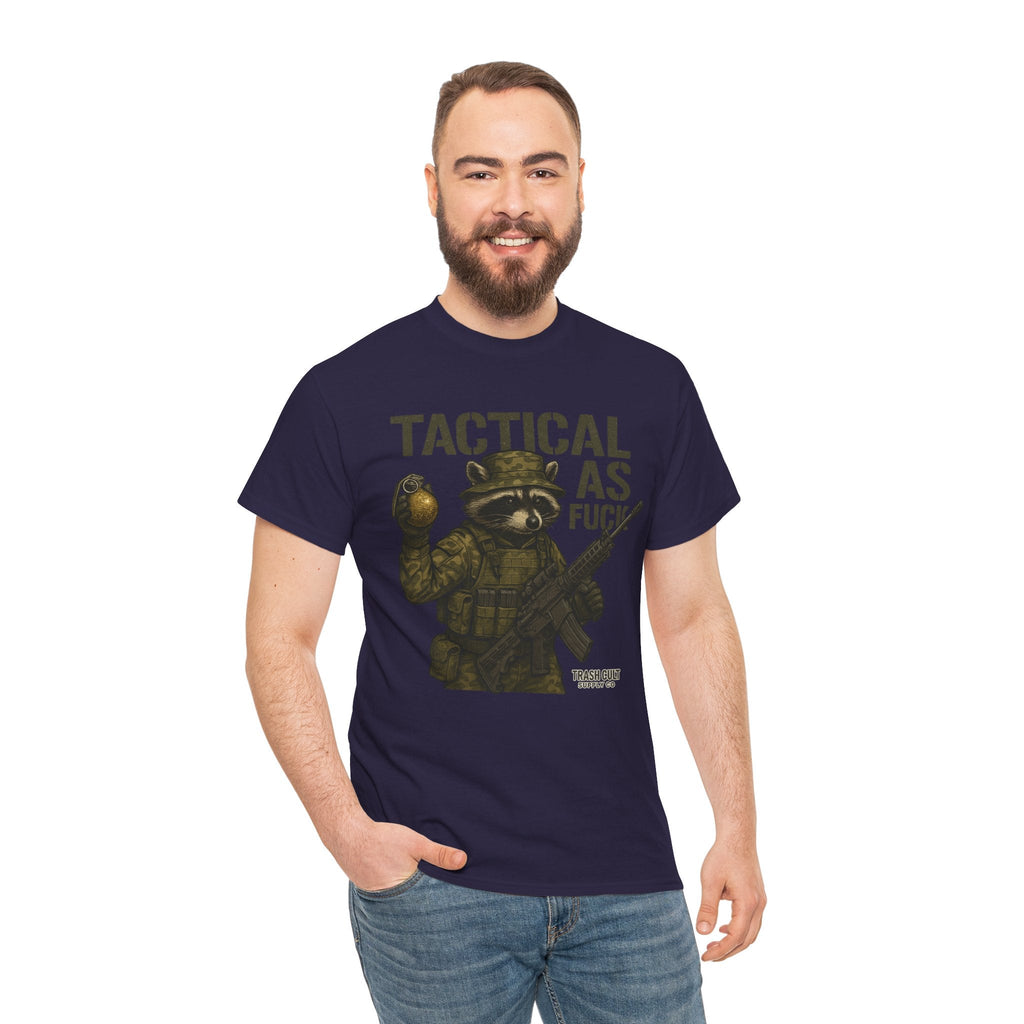 Tactical As F*** T-Shirt – Armed Raccoon Military Humor Tee | Trash Cult Supply Co. | Gildan 5000 Heavy Cotton